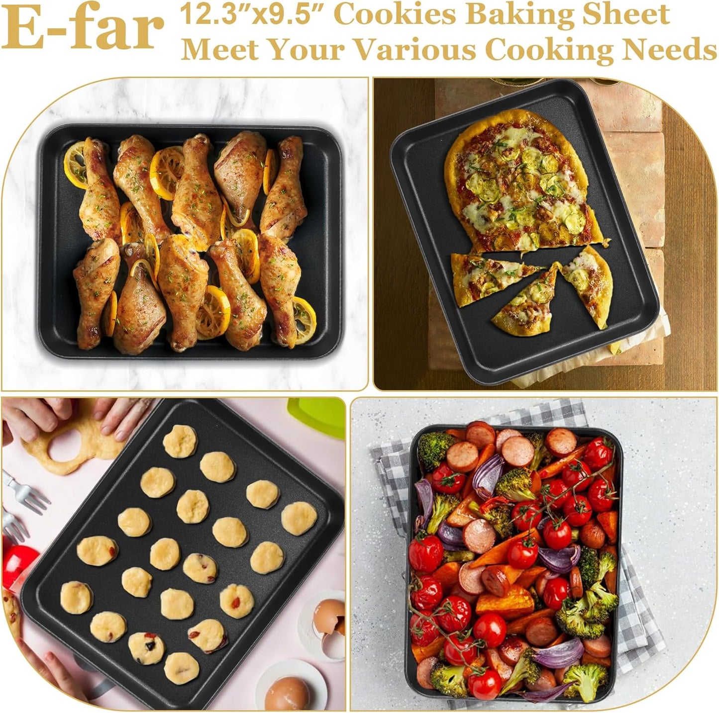 E-far 12.3x9.5x1 Inch Cookie Sheet for Baking, Nonstick Metal Oven Tray Pan for Cookies Jellyroll Cake, Nontoxic Rectangle Carbon Steel Baking Pan for Toaster Oven, Warp Resistant & Easy Clean