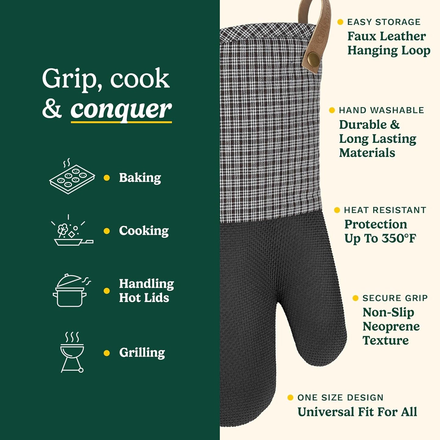 Cuisinart Heritage Kitchen Oven Mitts – Heat-Resistant Kitchen Mitts for Oven with Non-Slip Neoprene Palm, Long Cuff, and Cotton Filling – Durable Oven Gloves for Cooking, Baking, & Grilling