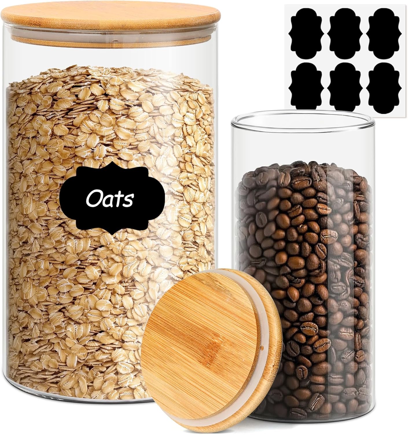 ComSaf Glass Food Storage Containers with Bamboo Lid (1.1Gallon/44oz), Glass Jar with Airtight Lid Clear Glass Food Canister Set of 2 for Dry food like Rice, Sugar, Flour, Pasta, Cereal, Beans, Nuts