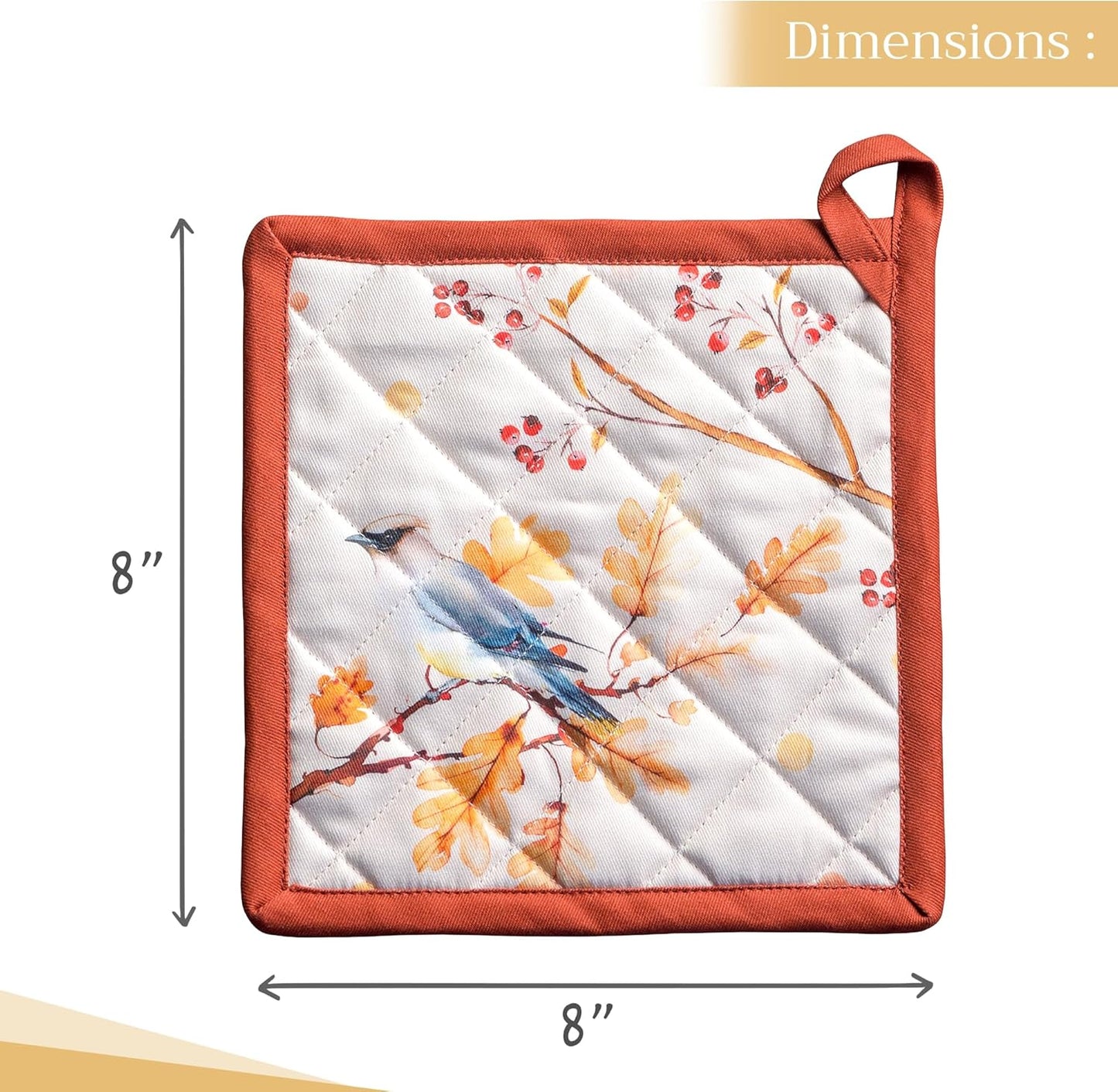 Maison d' Hermine Pot Holders Set 100% Cotton Heat Resistant Potholders 8" x 8" Hot Pads with Loop BBQ, Cooking, Baking, Grilling, Kitchen, Handling Hot Pans (Pack of 2, Oak Leaves)