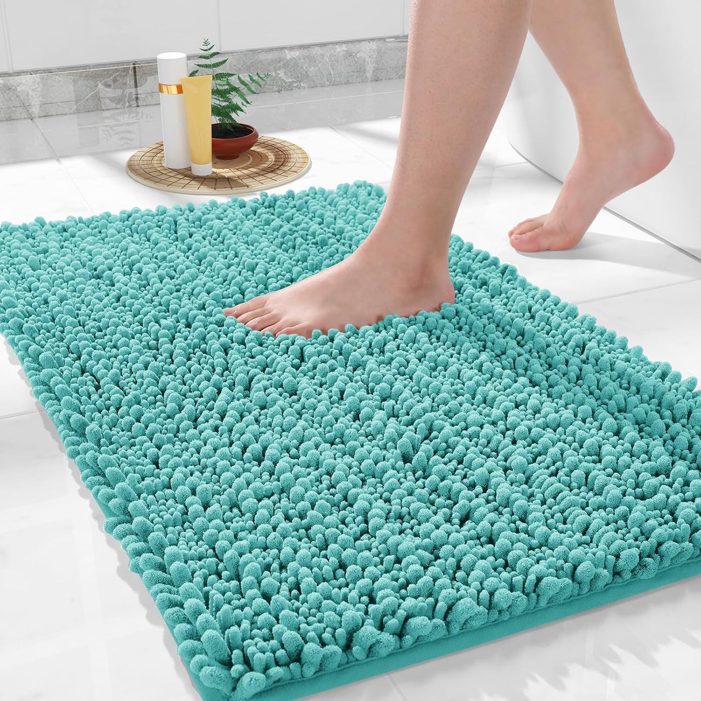 Yimobra Bathroom Rugs Non Slip Washable 32x20 Inch - Ultra Soft Absorbent Chenille Bath Mat, Quick Dry Shaggy Floor Carpet for Tub Shower, Lake Blue Home Decor Accessories