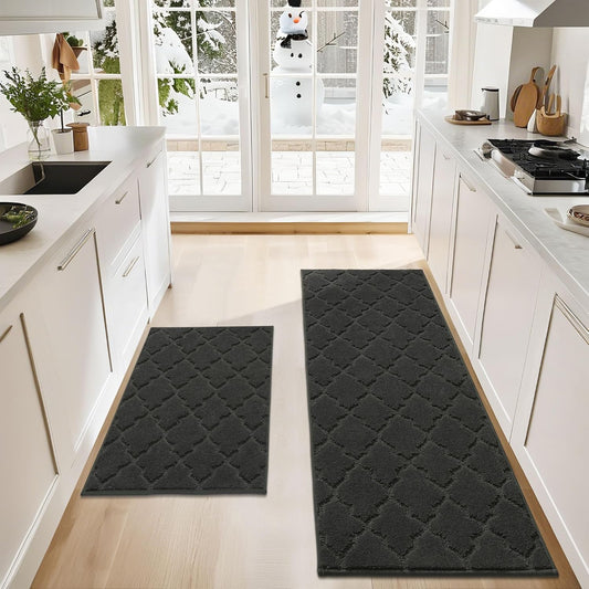 COSY HOMEER Soft Kitchen Rugs [2 PCS] for in Front of Sink Super Absorbent Kitchen Floor Mats and Mats 24x35 Inch/24X60 Non-Skid Kitchen Mat Standing Mat Washable,Polyester,Black