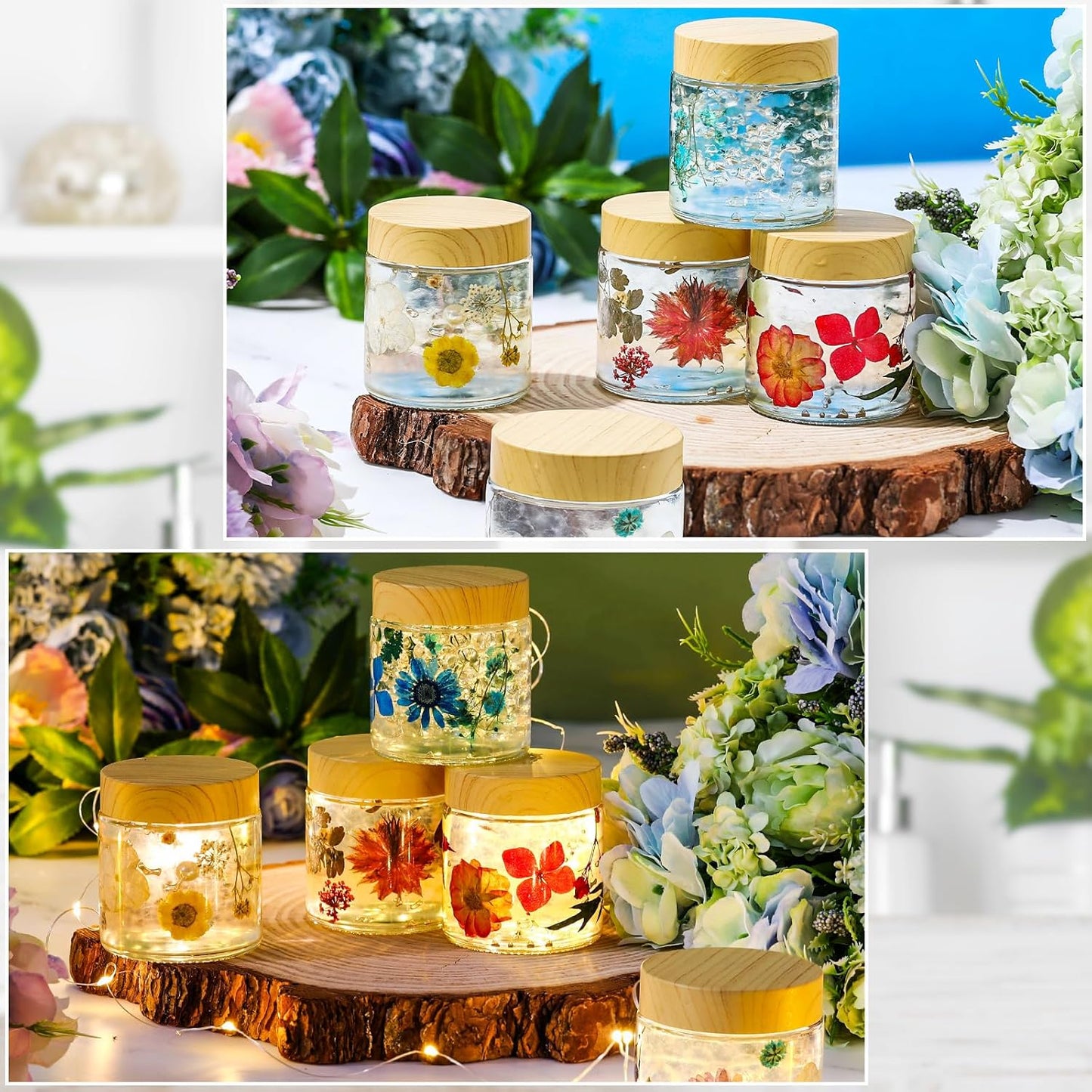 Norme 48 Pcs 4 oz Glass Jars with Lids Empty Small Glass Containers and Inner Liners Reusable Cosmetic Jars Round Airtight Bottles with Plastic Woodgrain Lids for Travel