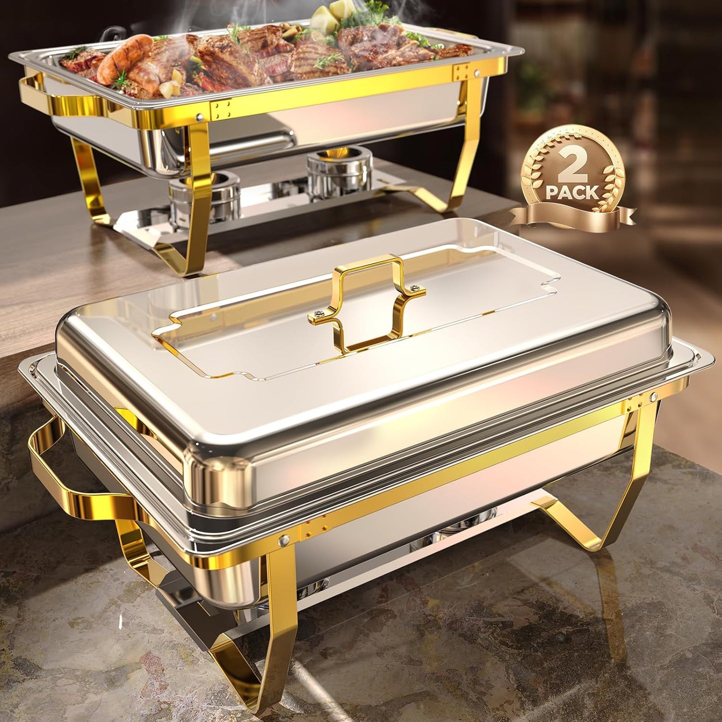 Chafing Dishes for Buffet 2 Pack, 9QT [Elegant Gold and Silver Colors] Stainless Steel Chafing Dish Buffet Set [Sturdy and High Grade] Chafers and Buffet Warmers Sets for Any Party with Complete Set