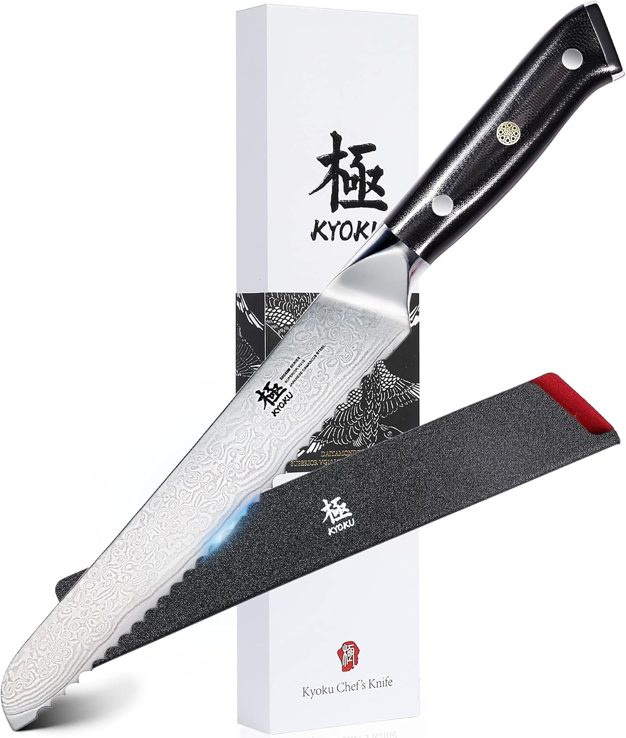 KYOKU Serrated Bread Knife - 8" - Shogun Series - Japanese VG10 Steel Core Damascus Blade - with Sheath & Case