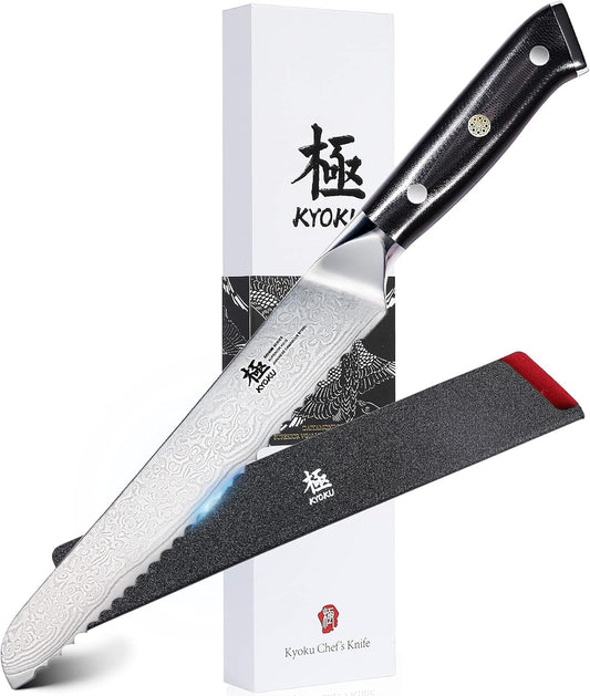 KYOKU Serrated Bread Knife - 8" - Shogun Series - Japanese VG10 Steel Core Damascus Blade - with Sheath & Case