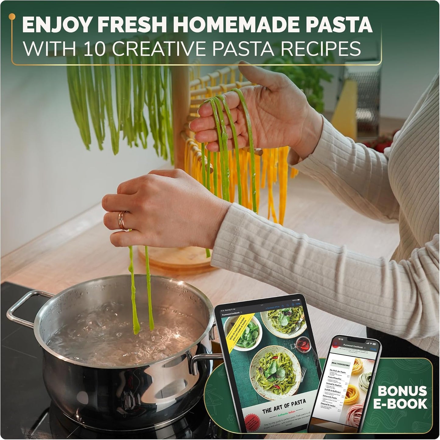 Purewood Premium Collapsible Pasta Drying Rack, Wooden Noodle Dryer Stand for Fresh Pasta, Pasta Maker Accessory, 100% Natural Bamboo, Bonus Recipe Book Included, Space-Saving Large Capacity