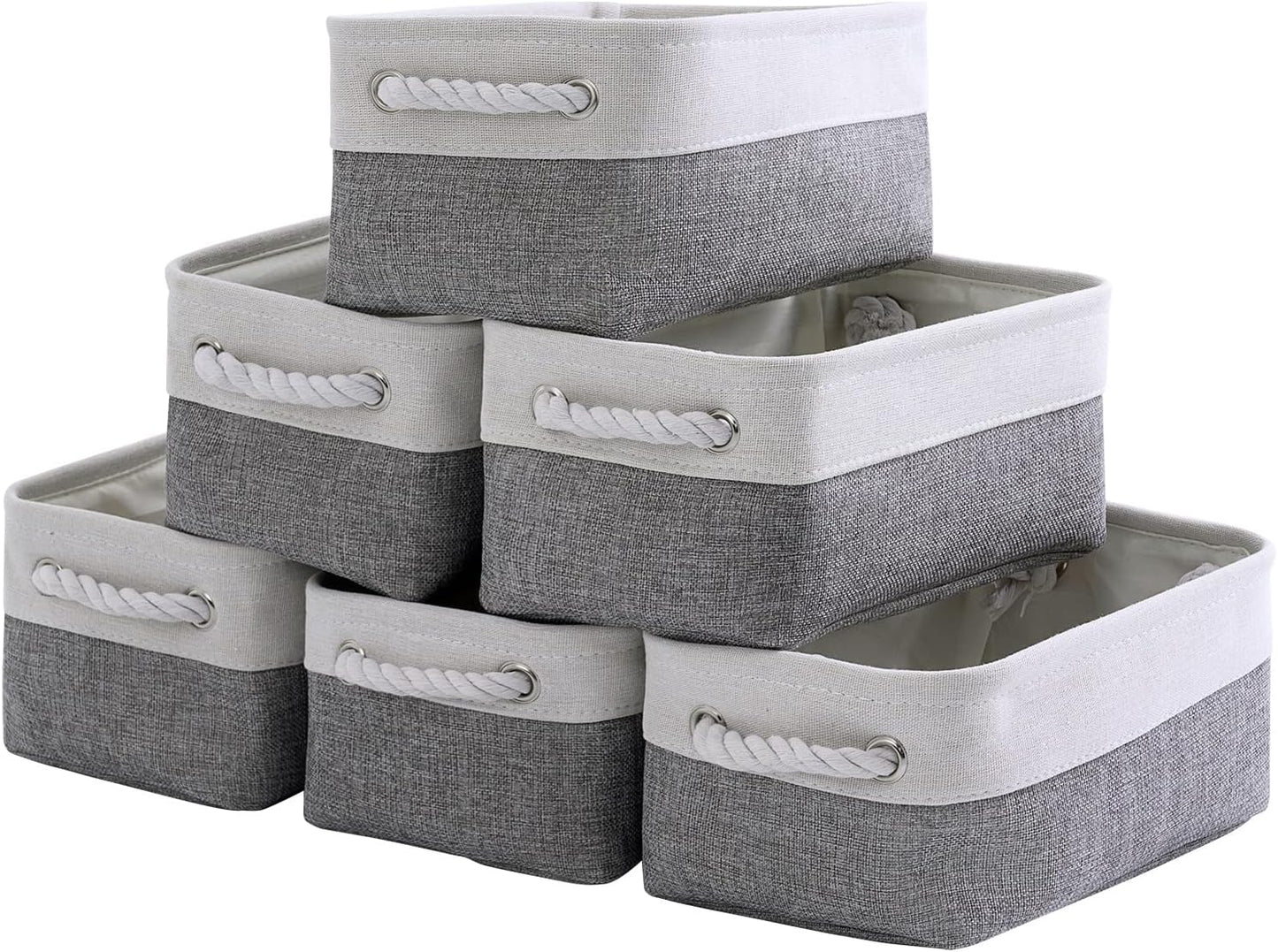 TheWarmHome Small Storage Baskets for Organizing,Storage Baskets for Shelves,Small Fabric Storage Bins W/Handles For Closet Nursery Toy Decorative Foldable (White&Grey, 11.8L*7.9W*5.2H-6 Pack)