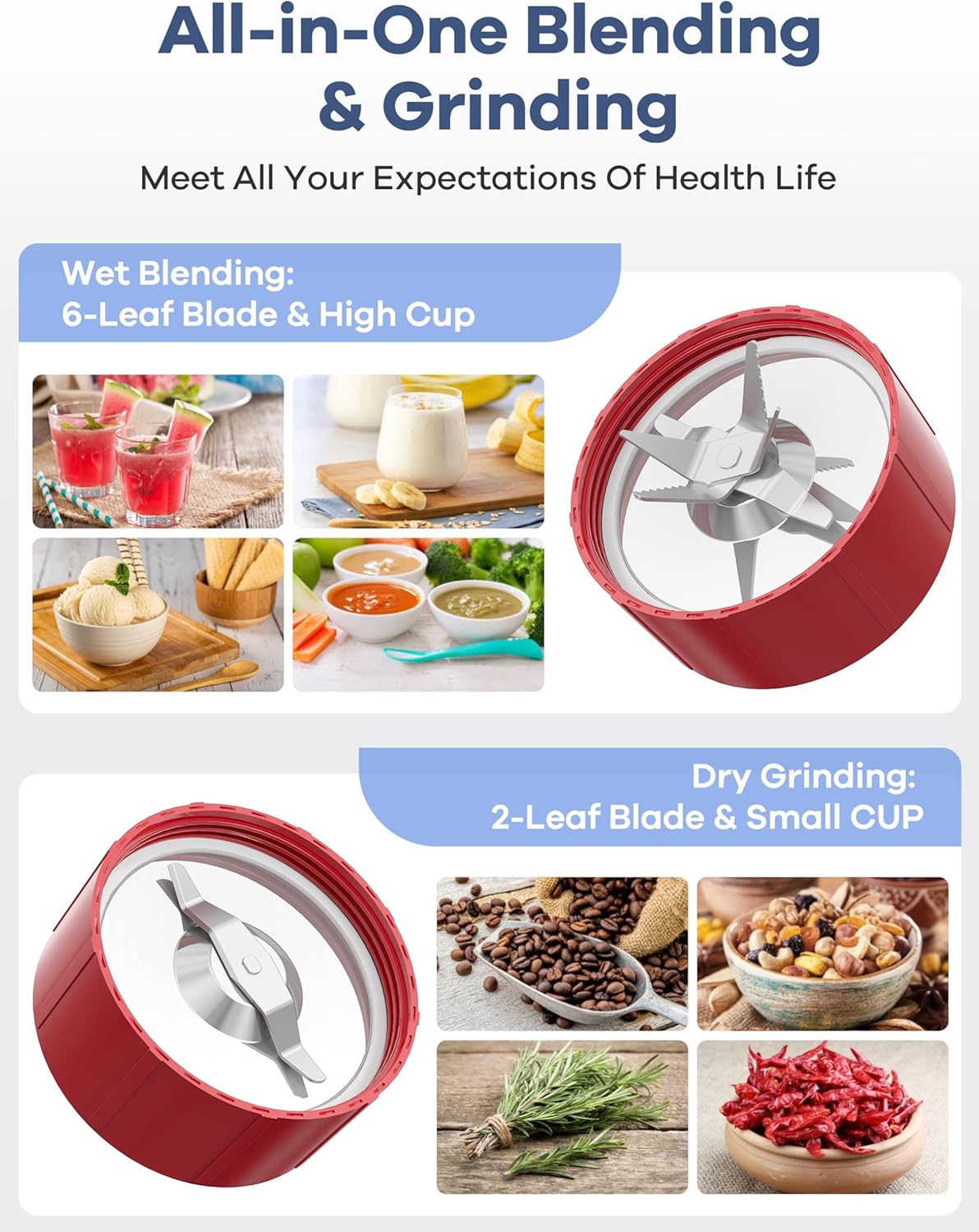 Ganiza Smoothie Blender, 900W Blenders for Shakes and Smoothies, 15-Piece Personal Blender and Grinder Combo for Kitchen, Smoothies Maker with 4 BPA-Free Portable Cup, Nutritious Recipe Red