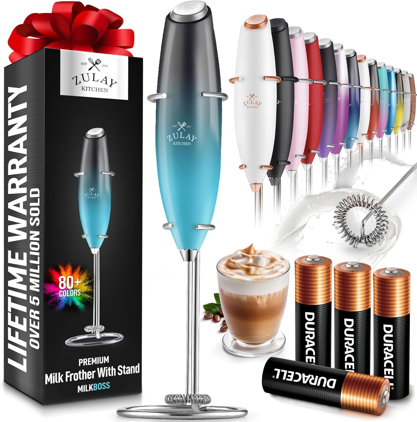 Zulay Powerful Milk Frother Handheld Foam Maker for Lattes - Whisk Drink Mixer for Coffee, Mini Foamer for Cappuccino, Frappe, Matcha, Hot Chocolate by Milk Boss - Marine