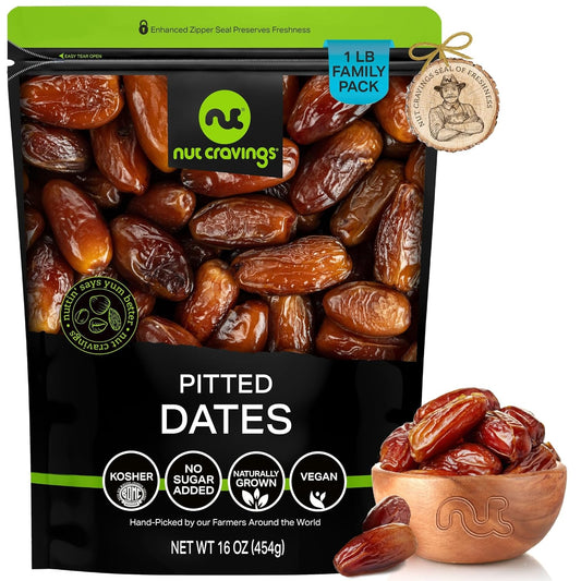 NUT CRAVINGS - Sun Dried Deglet Noor Dates Pitted, No Sugar Added (16oz, 1 LB) Bulk Dry Fruits Packed Fresh in Resealable Bag - Sweet Healthy Snack, Naturally Grown, Vegan, Kosher