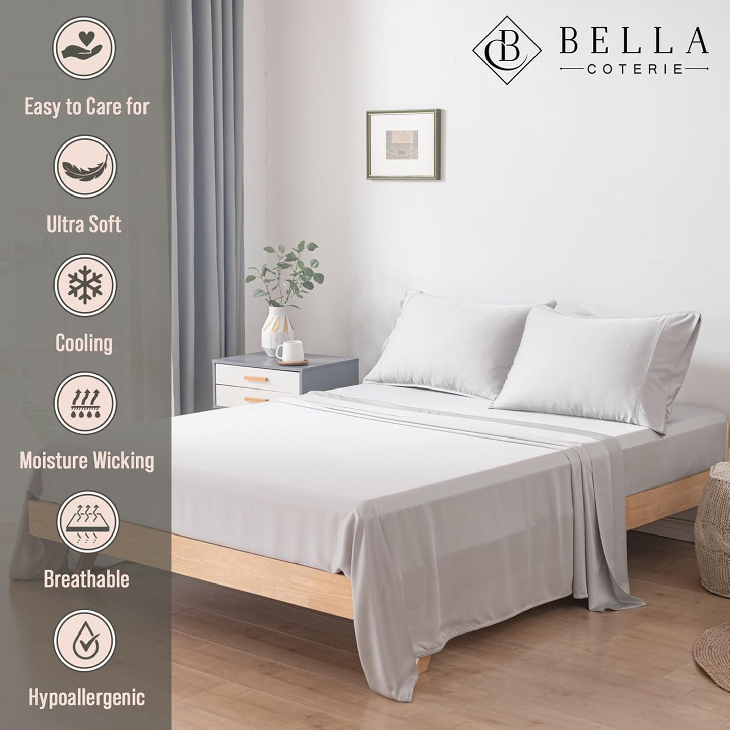 Bella Coterie Luxury Bamboo Viscose Cal King Size Sheet Set | 100% Organically Grown | Ultra Soft | Cooling for Hot Sleepers | 18" Deep Pocket [Grey Mist]