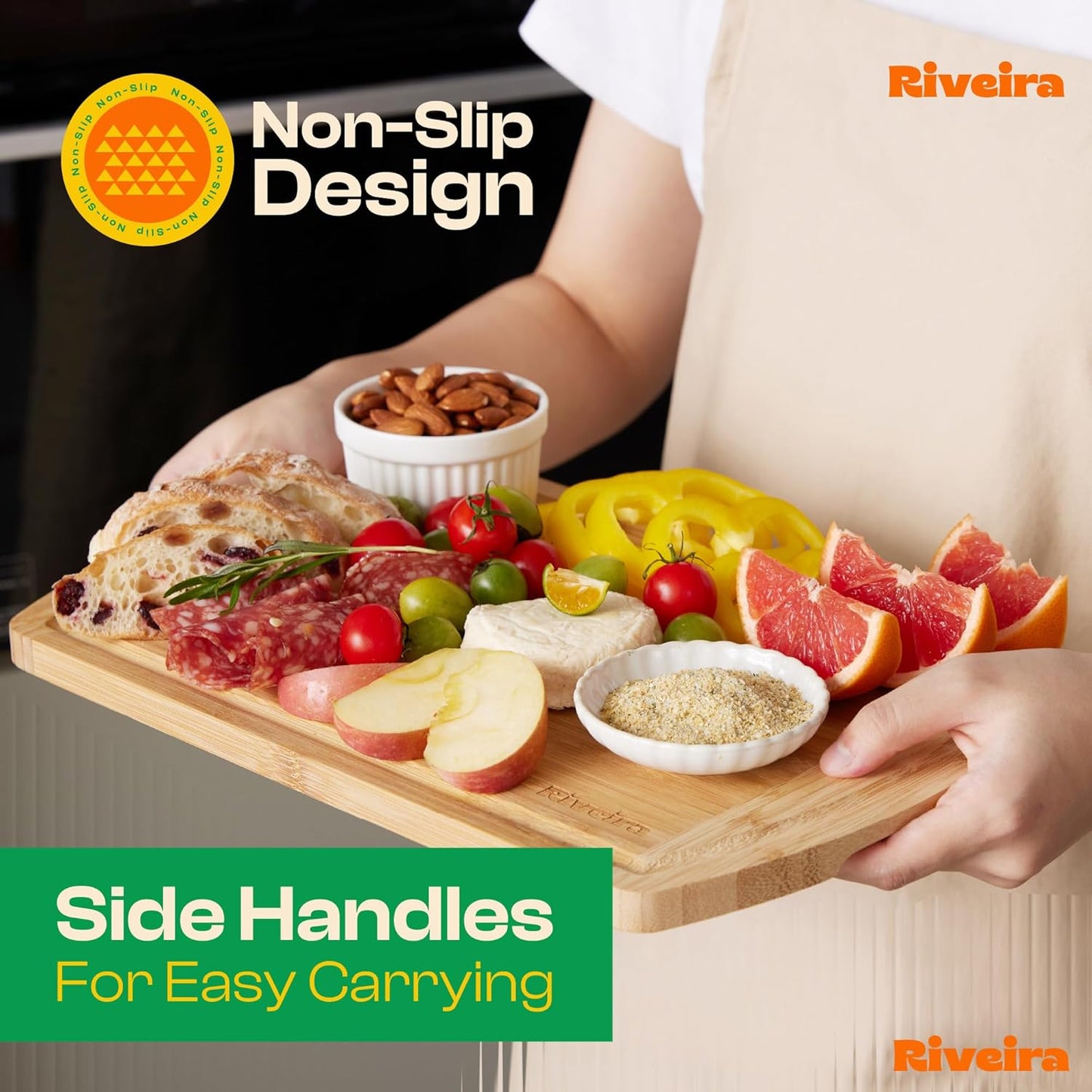 Riveira Two Tone Bamboo Wood Cutting Board – Gourmet Bamboo Grandeur: 8 x 8 Wooden Cutting Board – Wooden Cutting Boards For Kitchen Decorative – Innovative Juice Grooves Wooden Chopping Board