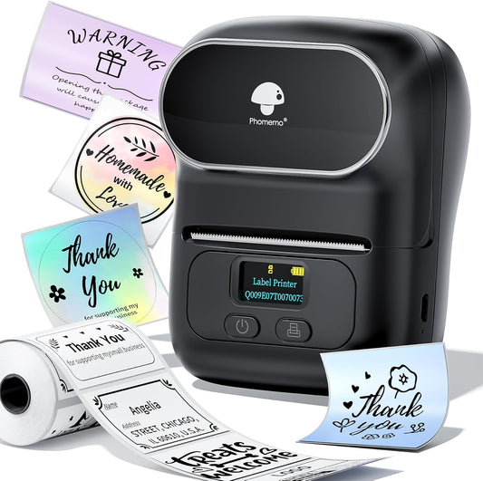 Phomemo M110 Label Maker - M110 Barcode Label Printer Portable Bluetooth Maker Machine with Tape for Name Labels, Small Business, Address, Logo, Clothing Price Tag, Mailing, with 40x30mm Label, Black