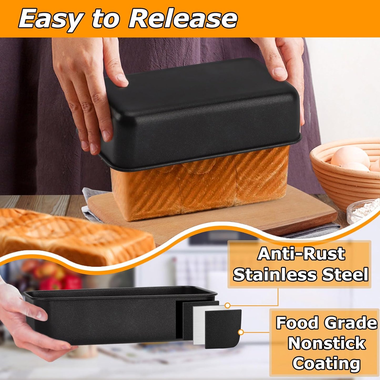 LIANYU 3 Pack Nonstick Loaf Bread Pan, 9x5 Inch Baking loaf Tin, Stainless Steel Meatloaf Pan Tin for Baking Banana Sandwich Bread, Dishwasher Safe