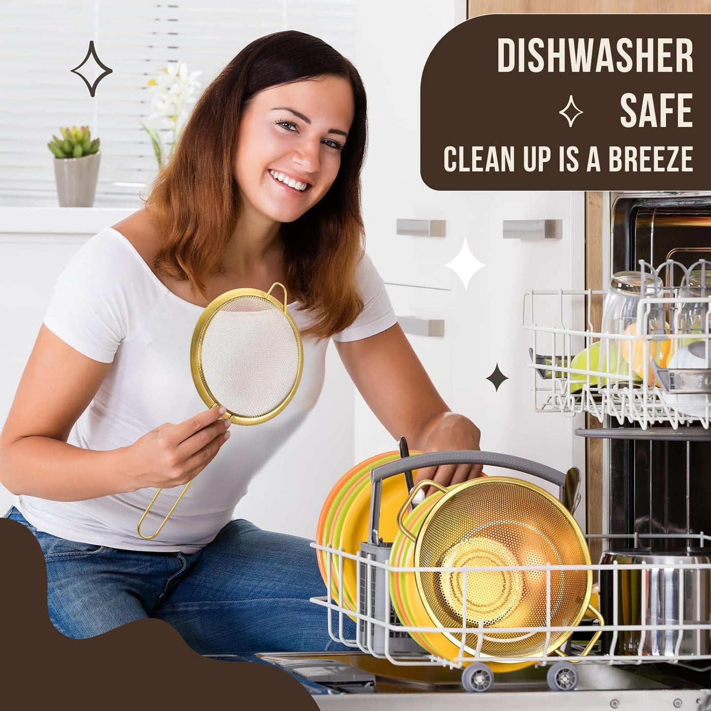 Norme 3 Quart Stainless Steel Gold Colander Gold Fine Mesh Strainer, Stainless Steel Pasta Rice Food Metal Strainer with Handles, Easy Clean and Dishwasher Safe