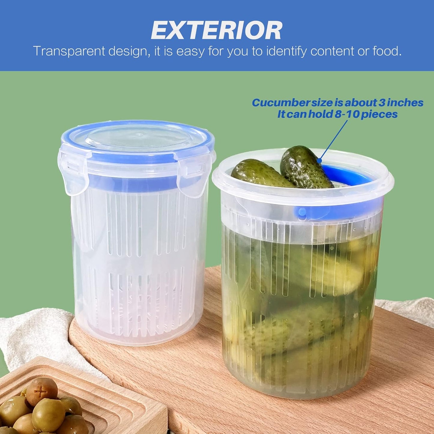 Pickle Jar 24 oz pickle container with strainer Pickle Holder Keeper Lifter, pickle storage container pickle strainer, Flip Jar with Leak Proof and Lock It Lid