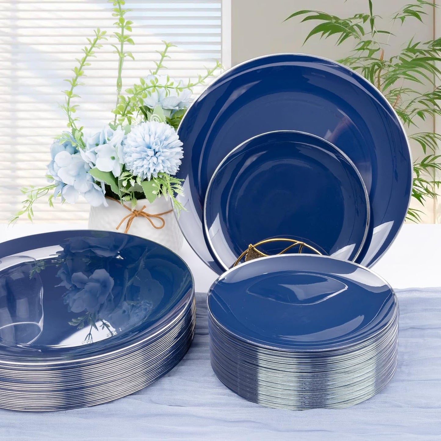 KIRE 200PCS Blue Plastic Plates with Silver Rim - Navy Blue Plastic Plates Include 100 Dinner & Dessert Plate - Heavy Duty Dark Blue Disposable Plate for Parties/Wedding