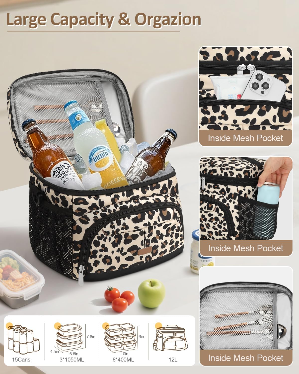 Lunch Box for Man Women, Insulated Lunch Bag Cooler Bag Leakproof Lunchbox Lunch Tote Bags with Removable Strap for Work School Picnic Travel (Leopard/12L