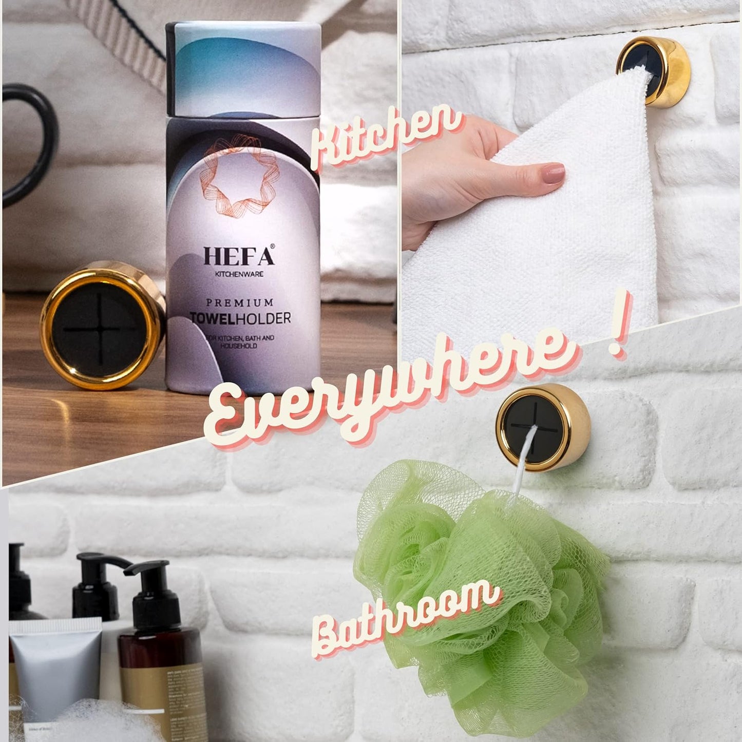 HEFA Modern Kitchen Towel Holder, 4 Pack Golden Yellow Chrome Plated Plastic Towel Hooks with Easy Install, Holds Up to 2 Pounds Each