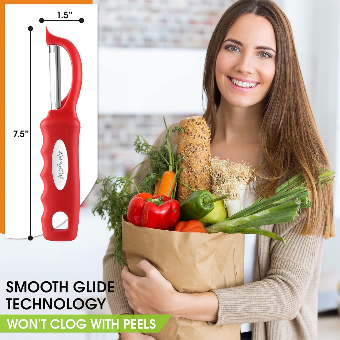 Spring Chef Professional Red Swivel Vegetable Peeler for Kitchen, Stainless Steel Potato Peelers with Soft Grip Handle, Perfect for Peeling Apple, Veggie, Fruit, Carrot, Dishwasher Safe - Set of 2