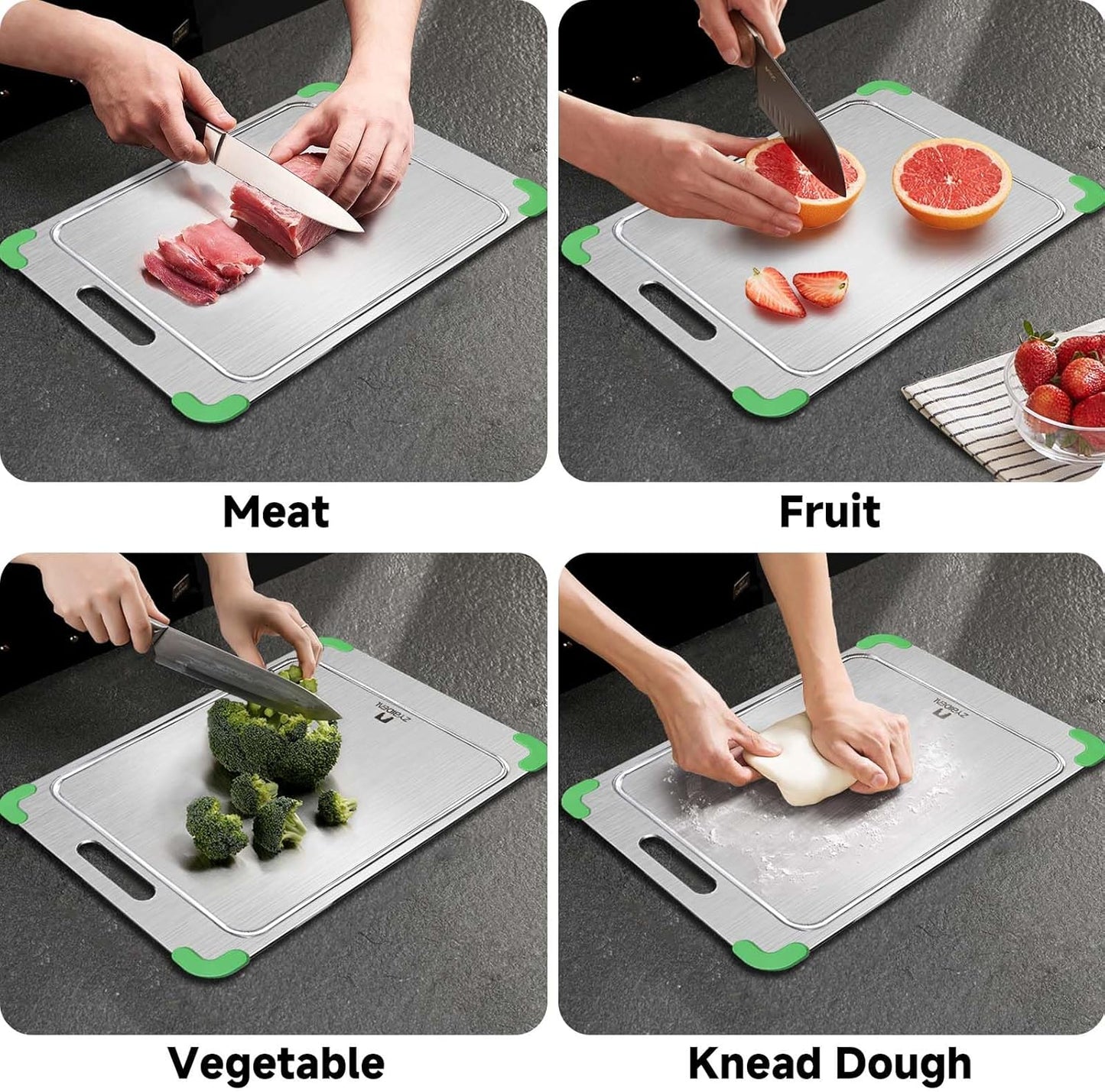 100% Pure Titanium Cutting Board with Grooves, Update Double Side Titanium Chopping Board, Silicone Anti-slip Stainless Cutting Boards for Kitchen 8 * 12 IN, Green