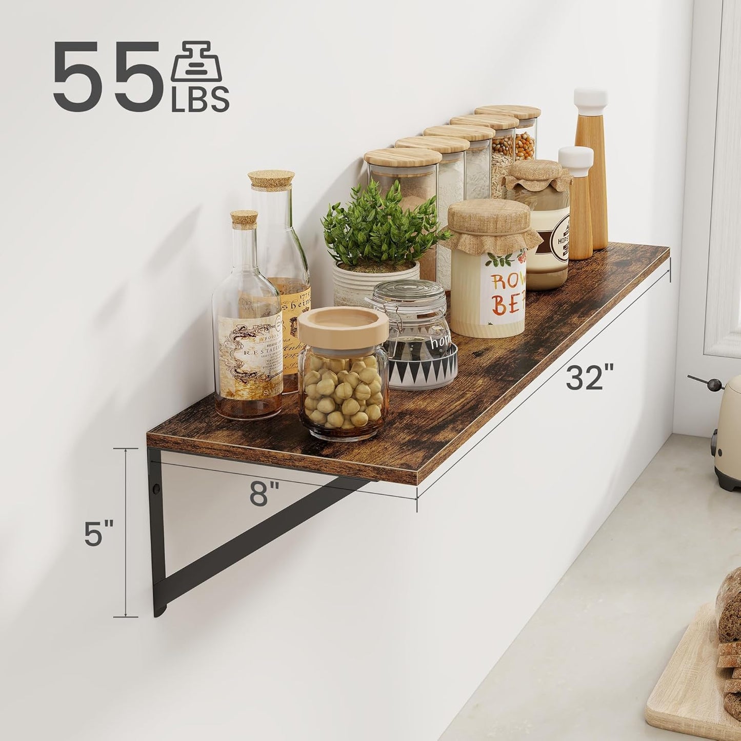 Heimlove Deep Floating Shelves for Wall, 32W x 8D Wood Wall Shelves Set of 2, Wide Floating Bookshelf for Living Room, Kitchen, Office, Bedroom and Decor Storage, with Metal Bracket - Rustic Brown