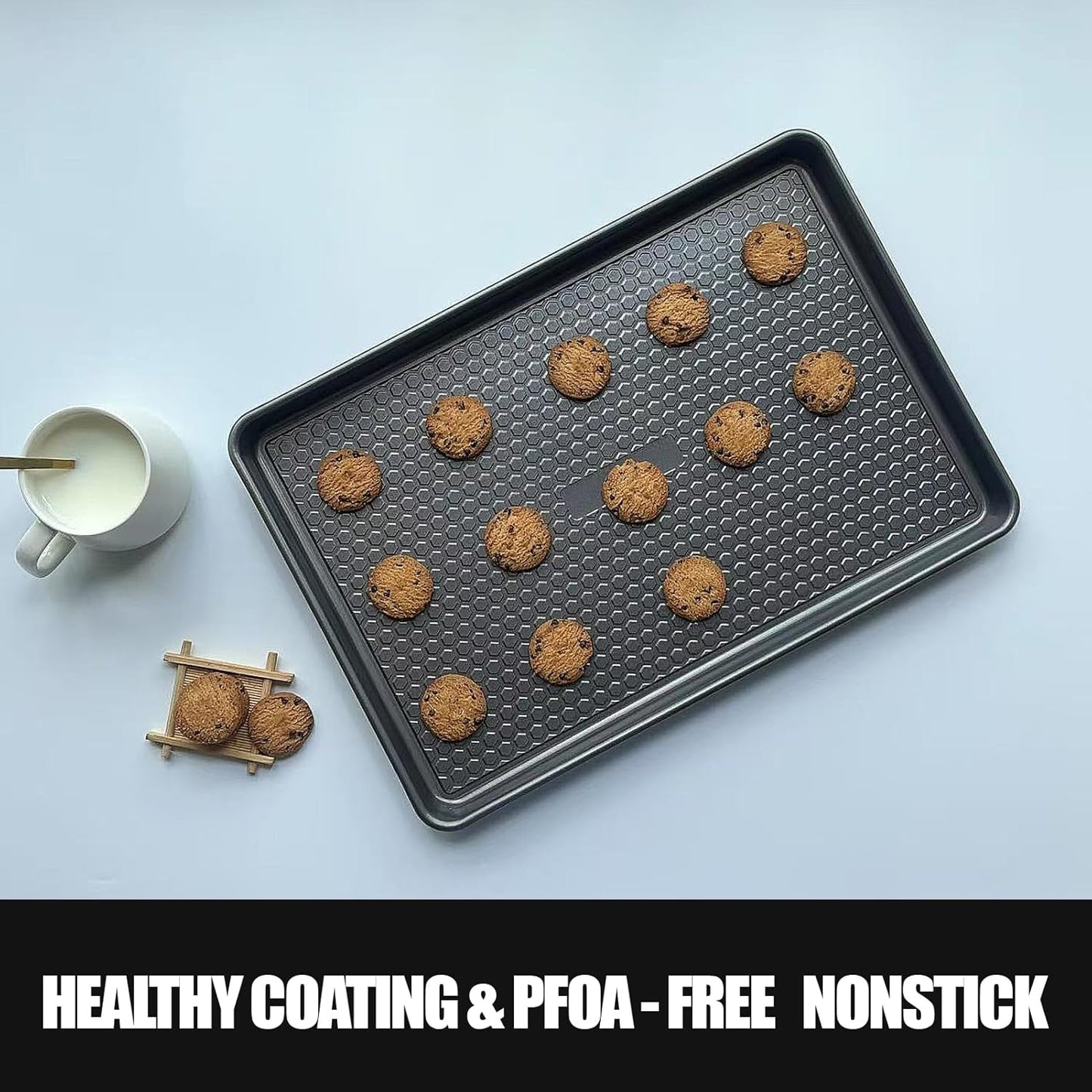 Large Baking Sheet Set (2 Pack) - Half Sheet Pan 17.7x12.2 Inch, 0.8mm Heavy Duty Carbon Steel, Nonstick & Warp Resistant Cookie Sheet for Baking, Roasting, Textured Pattern, Dark Grey