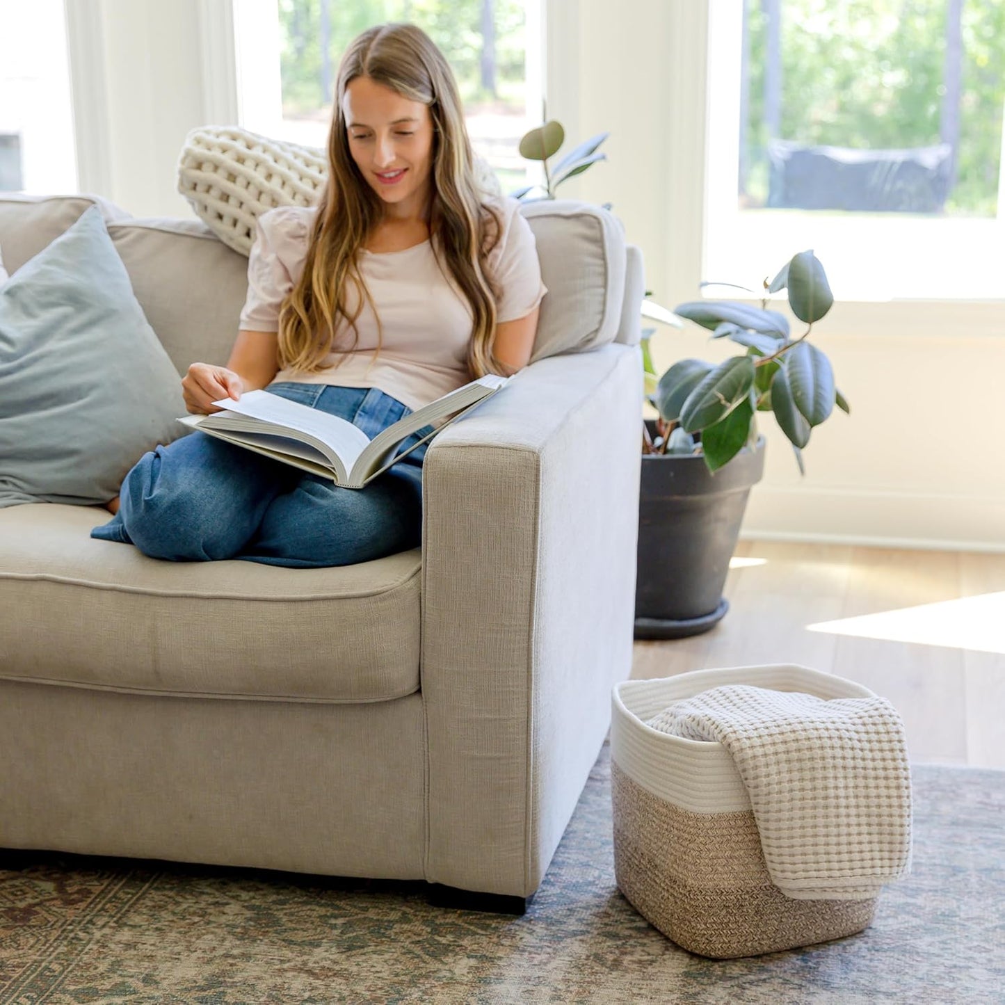 NaturalCozy 13 Inch Cube Storage Bins Cotton Rope Woven Baskets for Organizing 3-Pack | 13 x 13 Storage Cubes | Fabric Square Storage Baskets for Shelves Organizer, Kids Toy Bins, Closet Baby Nursery