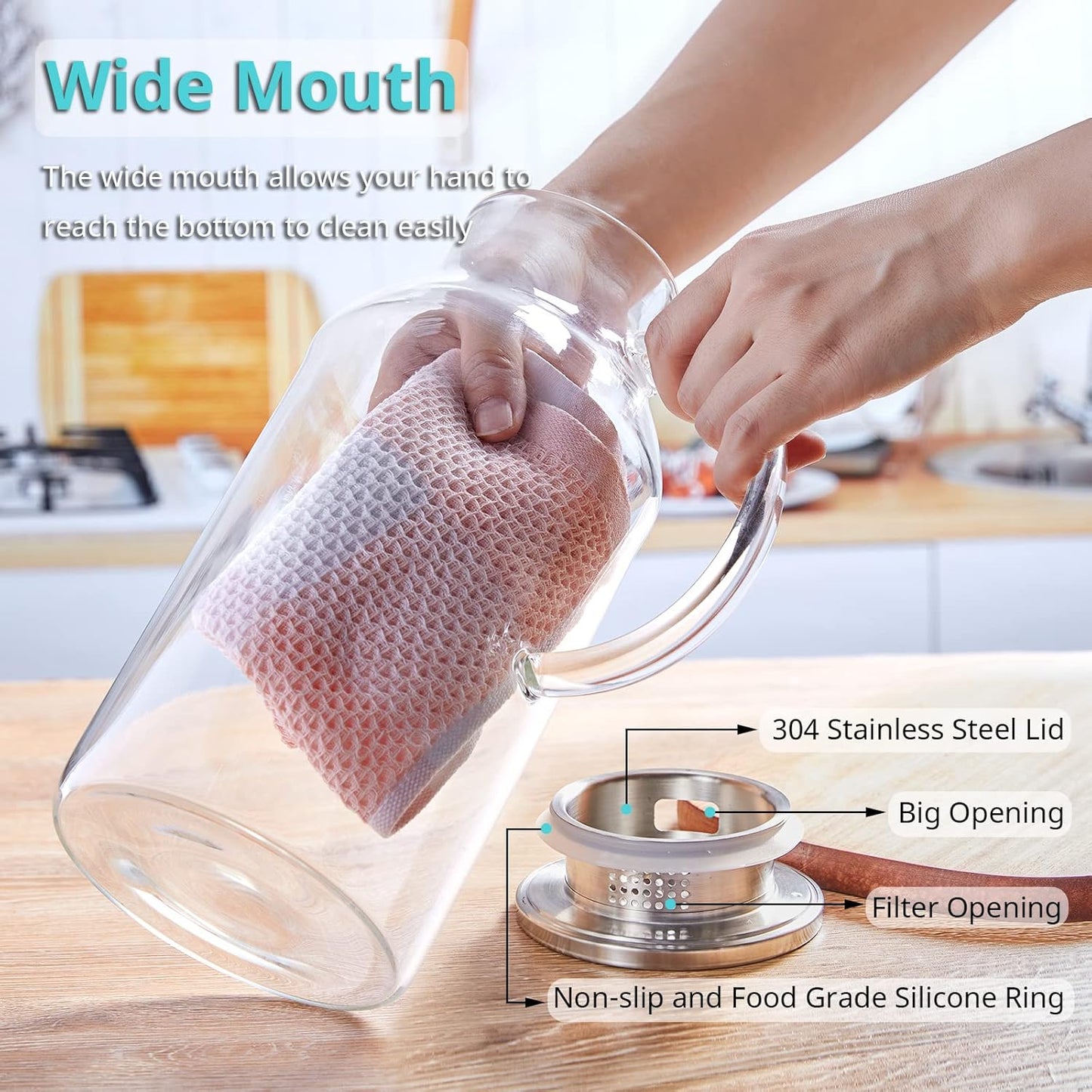 2.6 Liter 88 oz Glass Pitcher with Lid and Spout, Glass Water Carafe for Hot/Cold Water, Iced Tea Pitcher, Large Pitcher for Coffee, Juice and Homemade Beverage