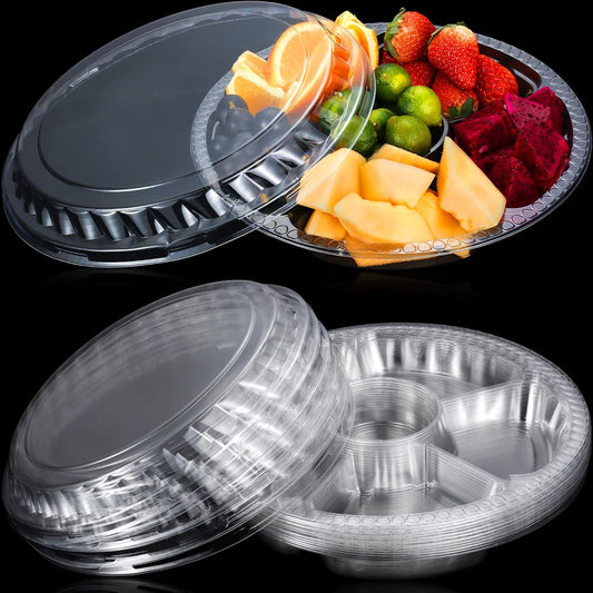 12 Pack Round Plastic Veggie Tray with Lid Fruit Tray 6 Divided Compartment Container Food Serving Dip Platter Reusable Catering Trays for Veggie Fruit Snack Party and Buffet Trays（Clear，12inch）