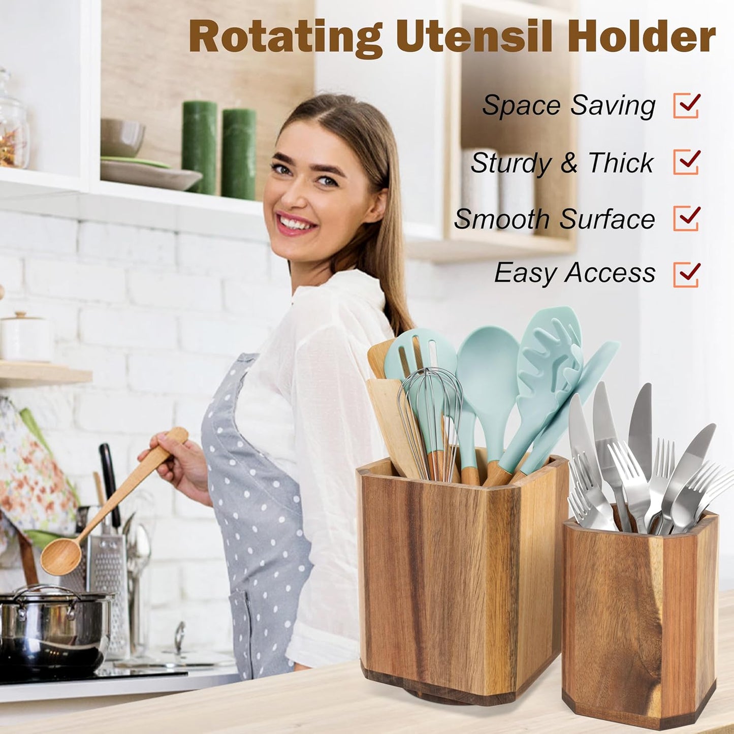 RedCall 2 Pack Acacia Wood Utensil Holder, 360° Rotating Large Cooking Utensil Organizer, Kitchen Tool Storage for Countertop,Spoon Spatula Holder for Kitchen Counter,Farmhouse Decor