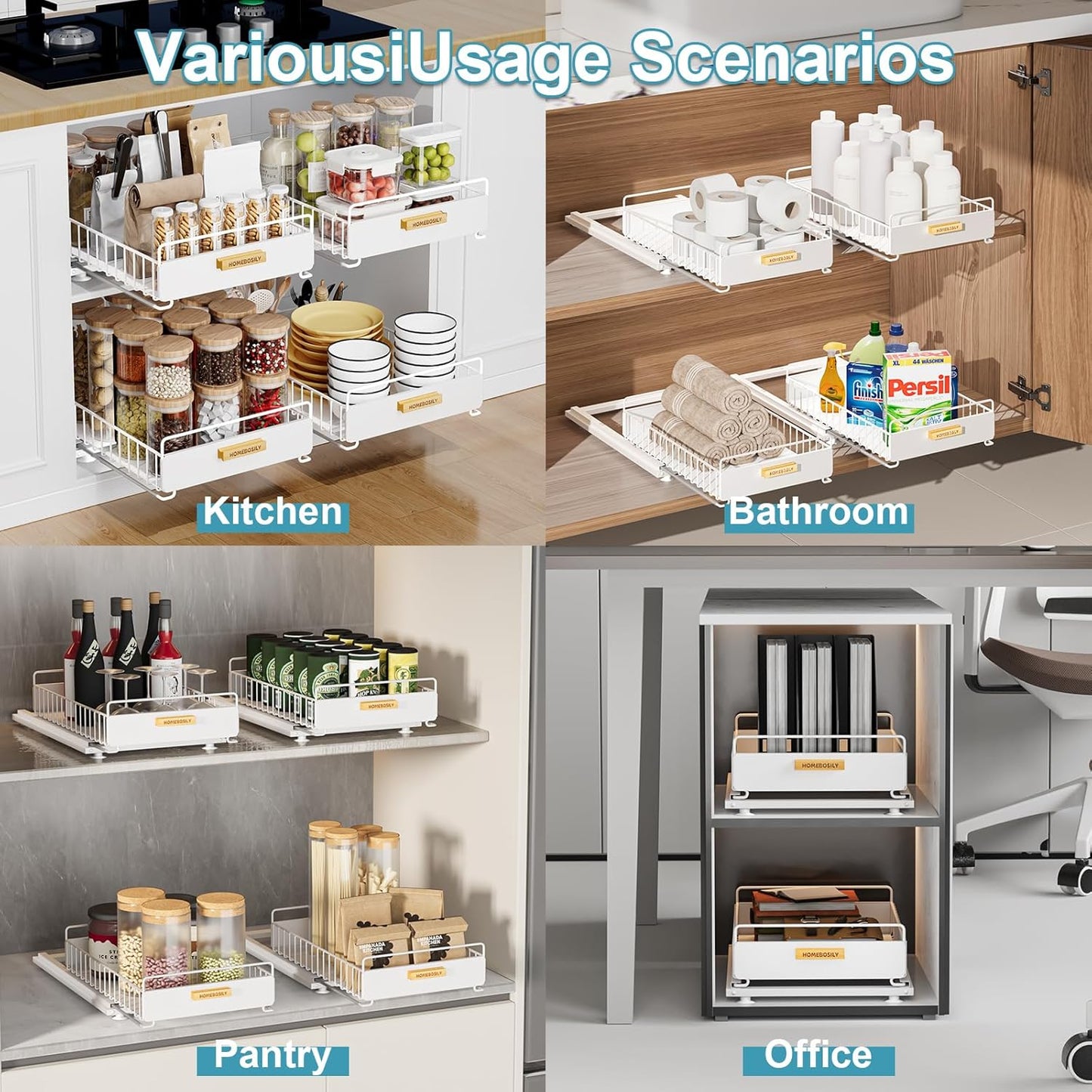 Under Sink Organizer, Kitchen Pull Out Cabinet Organizer, Mute Slide Out Metal Under Sink Organizers and Storage Shelves for Kitchen Bathroom Laundry Cabinet Pantry, White