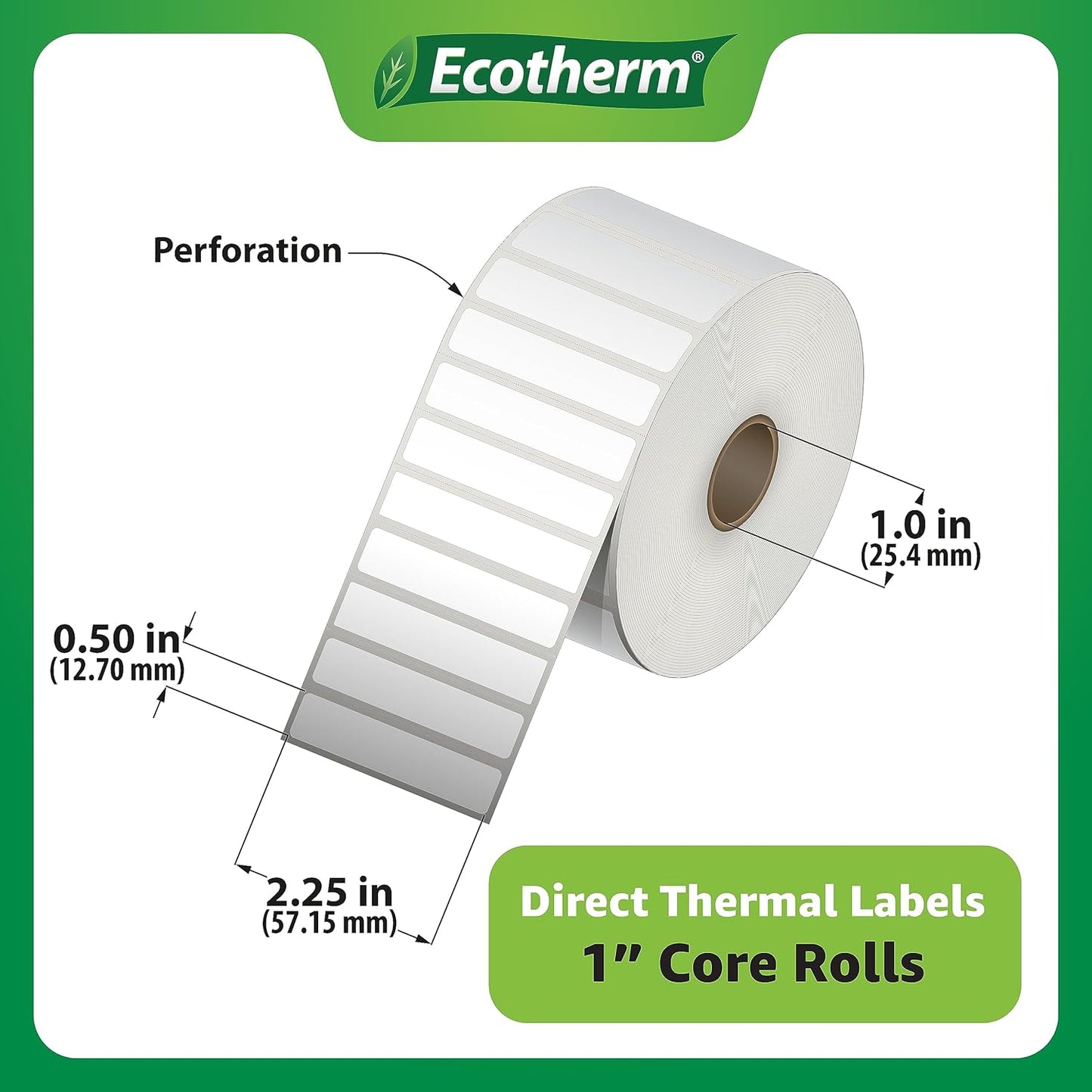2.25" x .5" Thermal Labels | 4 Rolls | 13840 Labels | fits Zebra, Munbyn, Rollo, Godex, Arkscan, iDPRT, Offnova Thermal Label Printers and More | Blank White Adhesive Stickers by Ecotherm