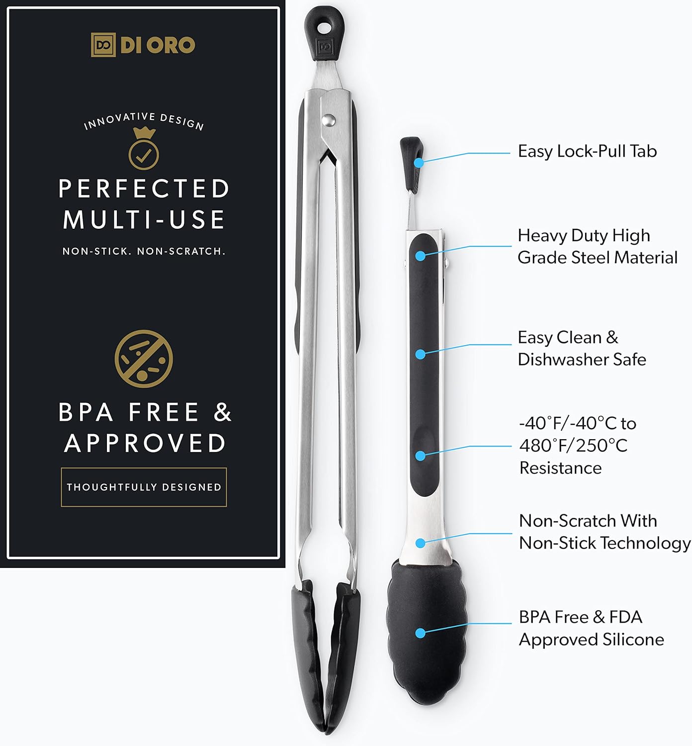 DI ORO Silicone Tongs for Cooking - Heat-Resistant Kitchen Tongs for Cooking with Silicone Tips - Small 9" & Large 12" for Nonstick Cookware - Stainless Steel Rubber Tipped (2pc, Black)