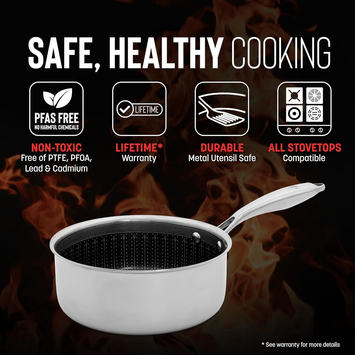 Hell's Kitchen Hybrid Saucepan & lid, Tri-Clad Stainless Steel and Nonstick Ceramic, PFAS Free, no PFOA, no PTFE, no Teflon, Non Toxic Cookware, Metal Utensil Safe, All Cooktops and Oven Safe (1.5 Qt)