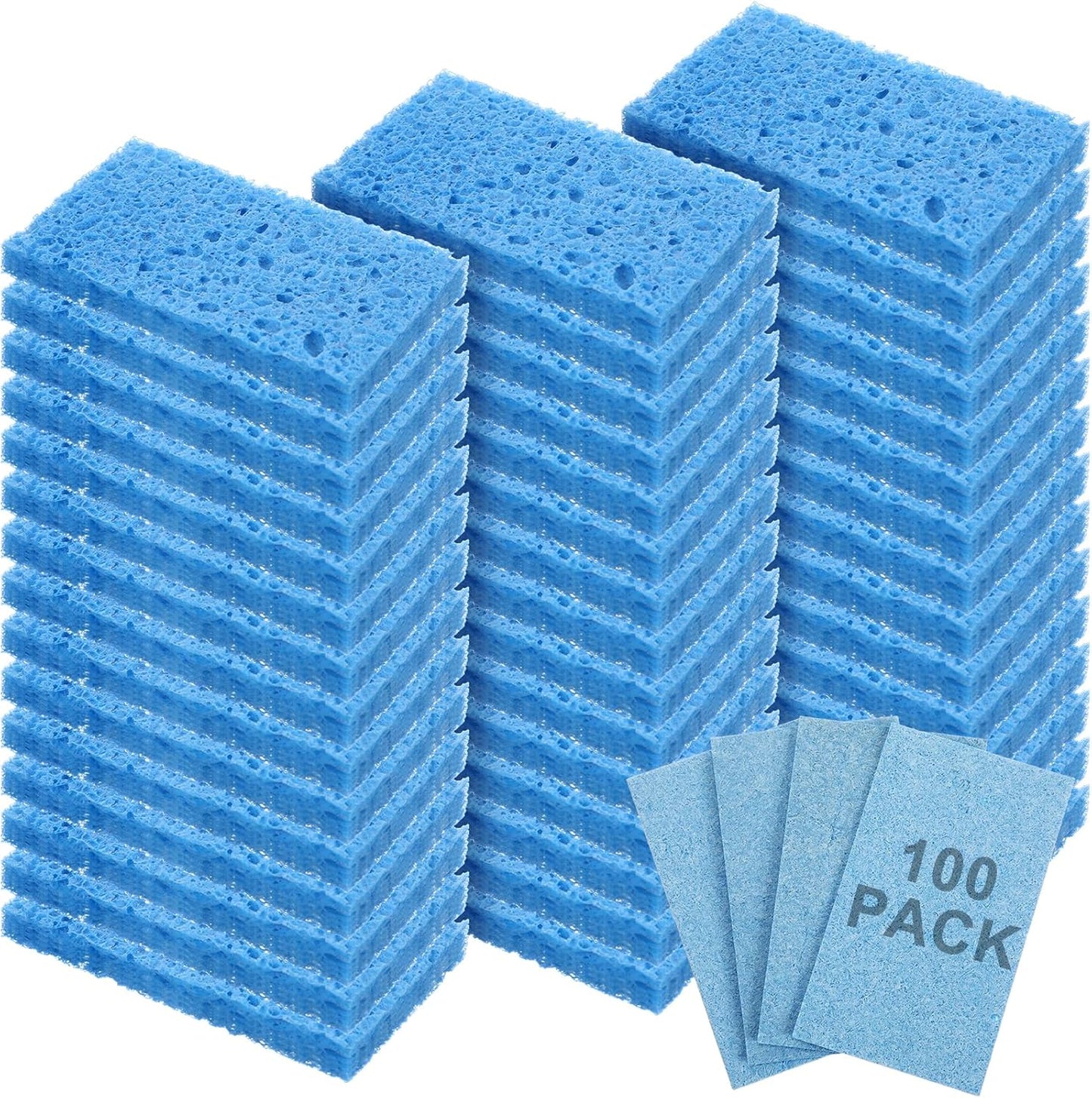 Zhengmy 100 Pieces Kitchen Sponge Bulk Natural Sponges for Dishes Compressed Wood Pulp Sponges Cleaning Sponge Without Scratching for Kitchen Bathroom, 3.9 x 2.4 x 0.12 Inch (Blue)