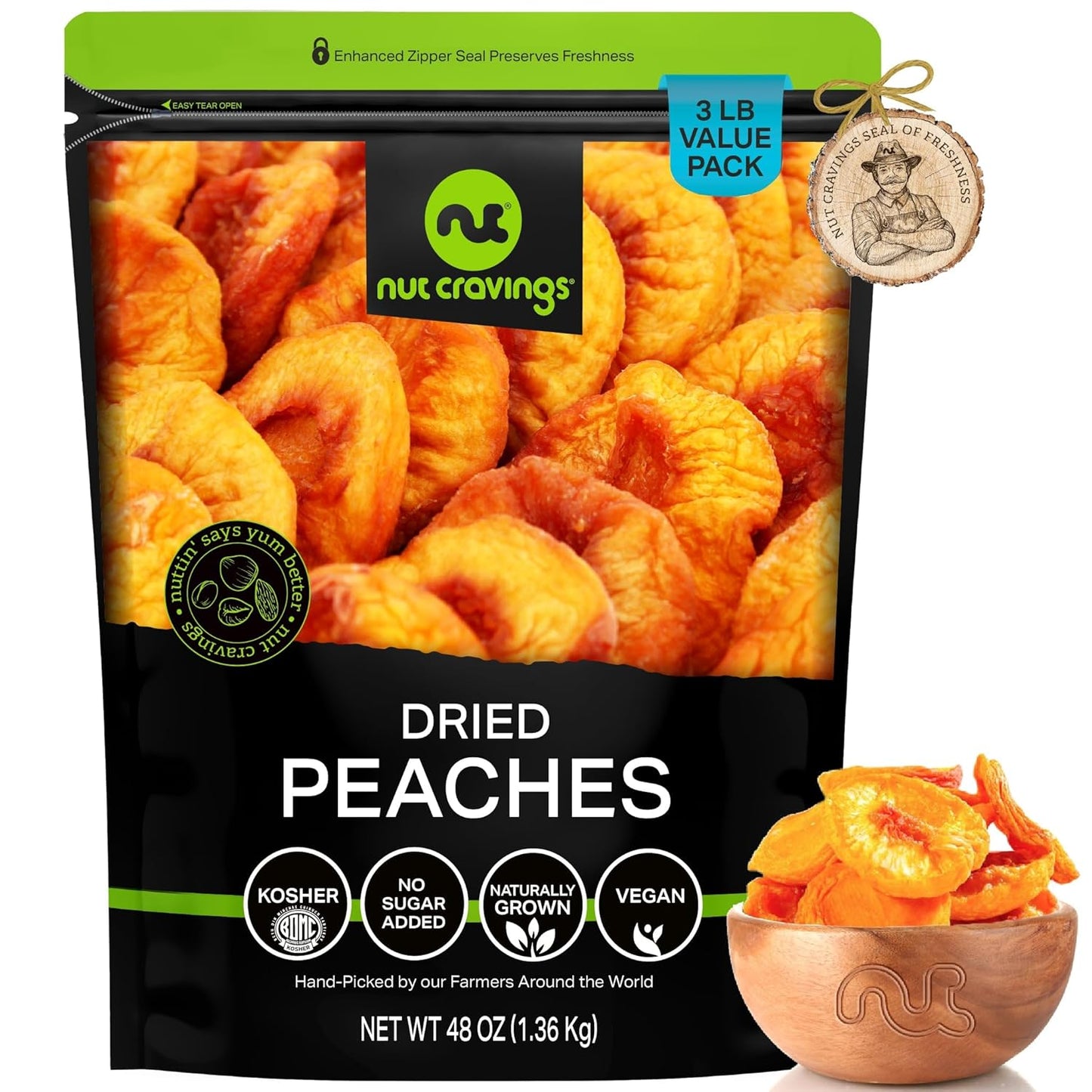 NUT CRAVINGS - Sun Dried California Peaches, No Sugar Added (48oz, 3 LB) Bulk Dry Fruits Packed Fresh in Resealable Bag - Sweet Healthy Snack, Naturally Grown, Vegan, Kosher