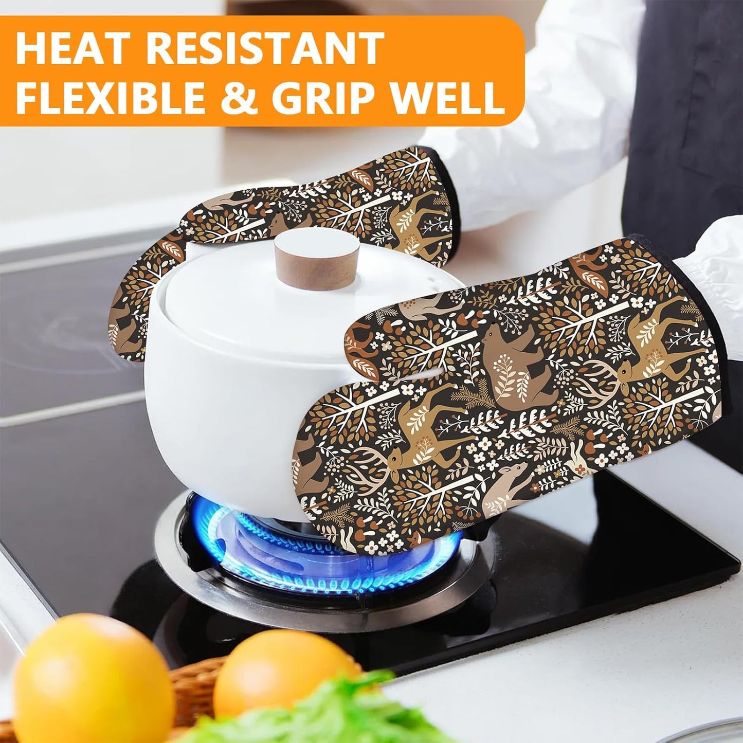 Bear Deer Oven Mitts and Pot Holders Sets 4Pcs,Extra Long Oven Gloves Potholder for Kitchen Cooking Baking BBQ 100% Cotton Heat Resistant