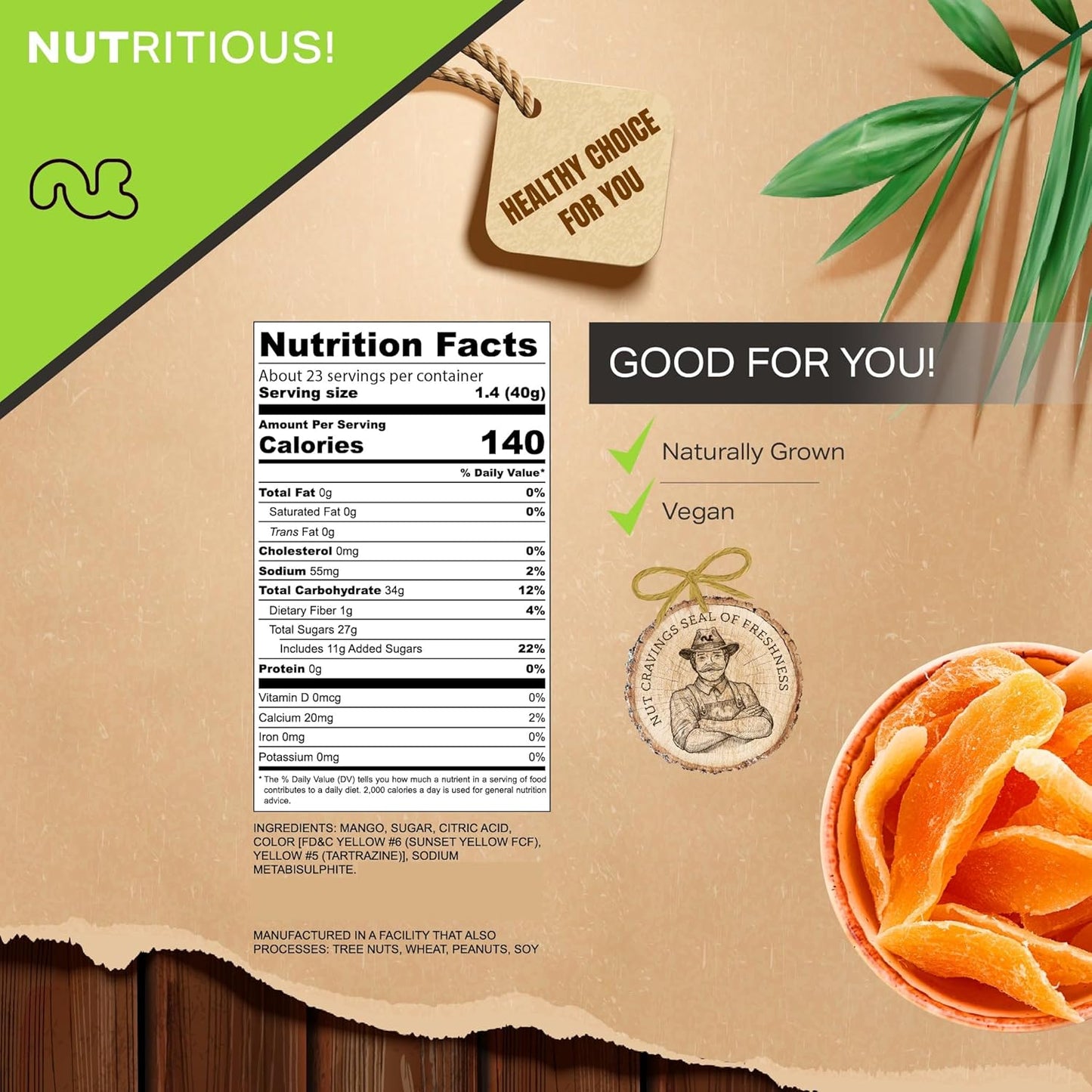 NUT CRAVINGS - Sun Dried Mango Slices, Lightly Sweetened (32oz, 2 LB) Bulk Dry Fruits Packed Fresh in Resealable Bag - Sweet Healthy Snack, Naturally Grown, Vegan, Kosher