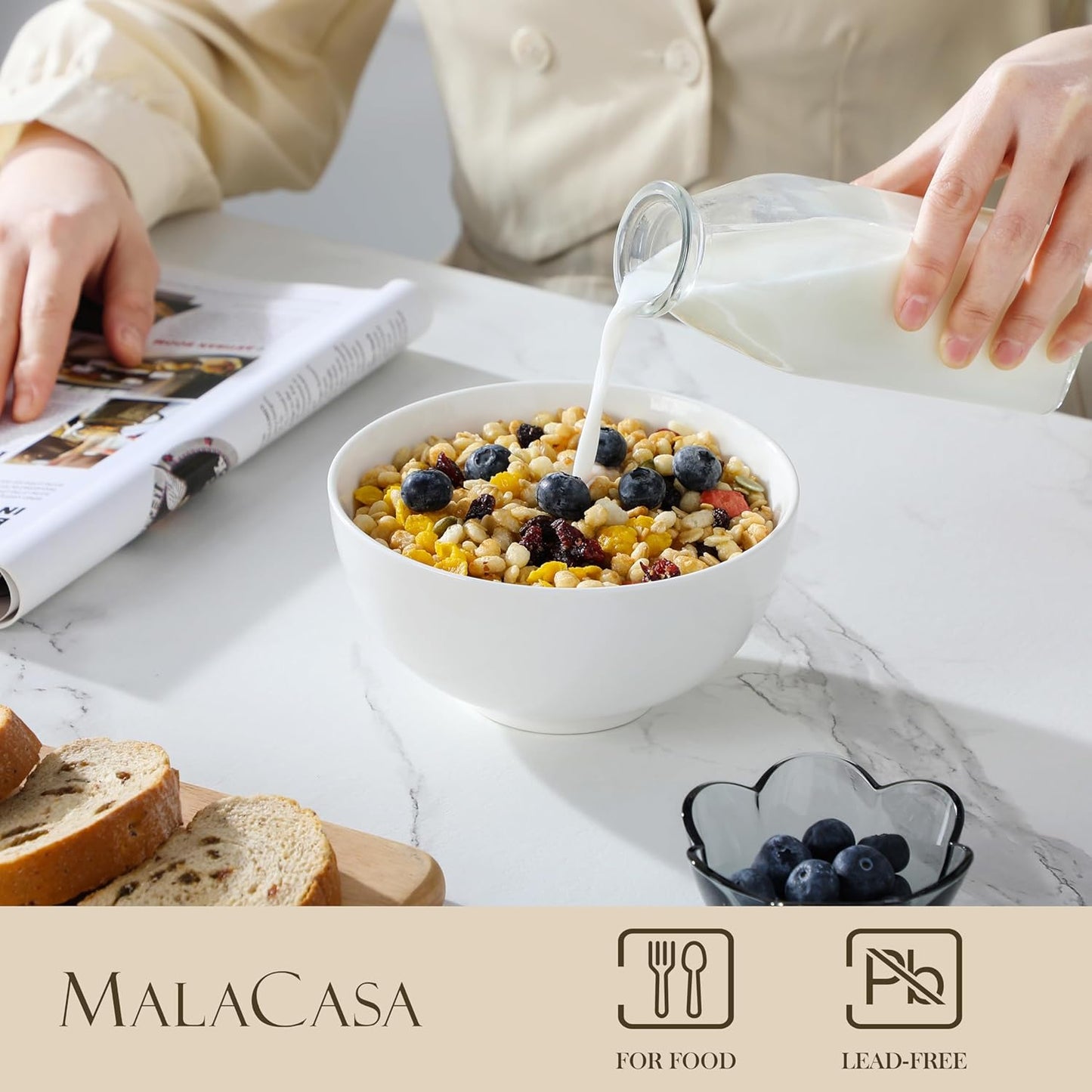 MALACASA 26 oz Porcelain Soup Bowls, White Ceramic Cereal Bowls for Kitchen 6 inch Bowls Set of 6 for Oatmeal Salad Fruit Rice Dishwasher and Microwave Safe, Series Regular