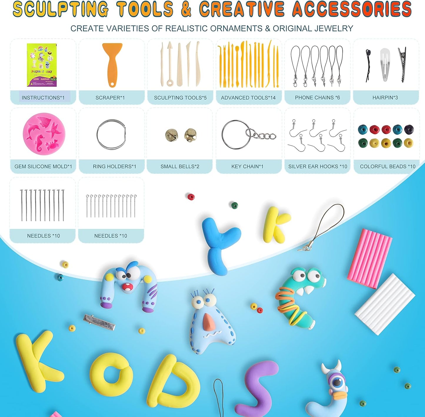 Polymer Clay 60 Colors, Modeling Clay for Kids Oven Baked Model Clay Non-Sticky with Sculpting Tools DIY Starter Kits,and Accessories