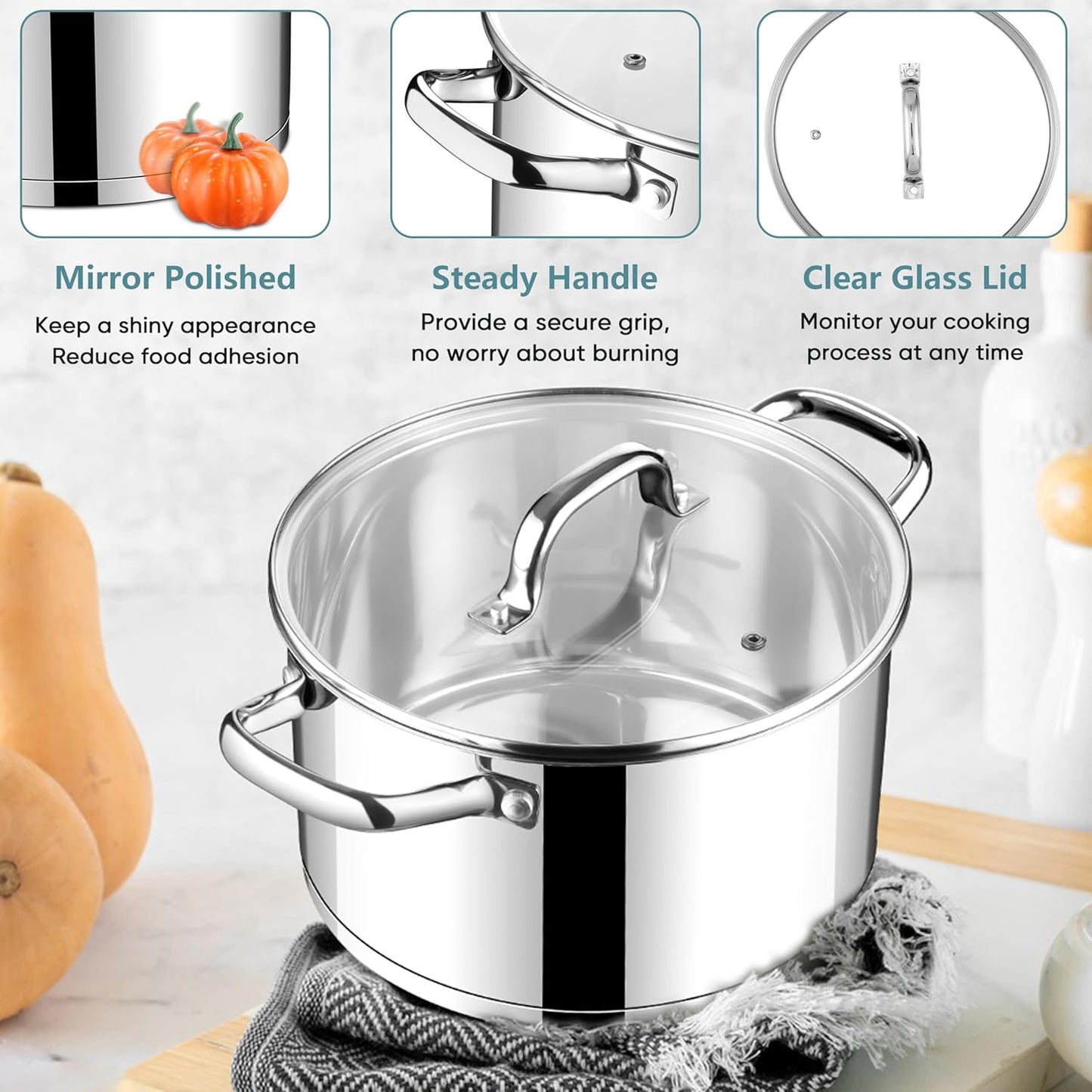 E-far 4 Quart Stock Pot with Lid, Stainless Steel Stockpot for Cooking Simmering Soup Pasta Sauce, with Tri-Ply Bottom & Visible Cover, Induction/Gas/Dishwasher Safe, Heavy Duty & Non Toxic