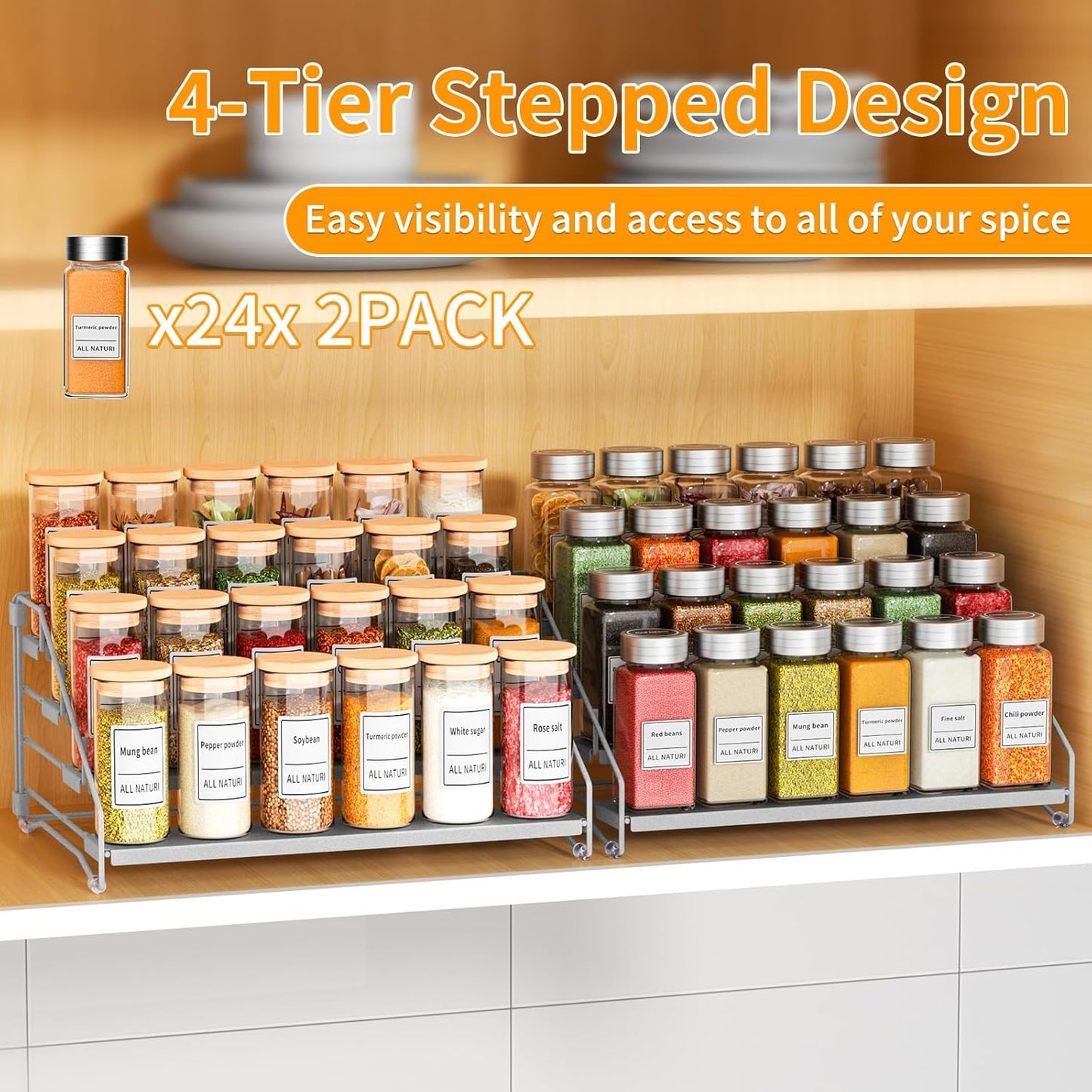 RCHYFEED 4 Tier Spice Rack Organizer, Spice Organization for Cabinet,Pantry, Countertop,Tiered Spice Rack Easy Visibility,Depth Expandable Seasoning Shelf for Kitchen Cabinet Organizer,Silver,2 PACK