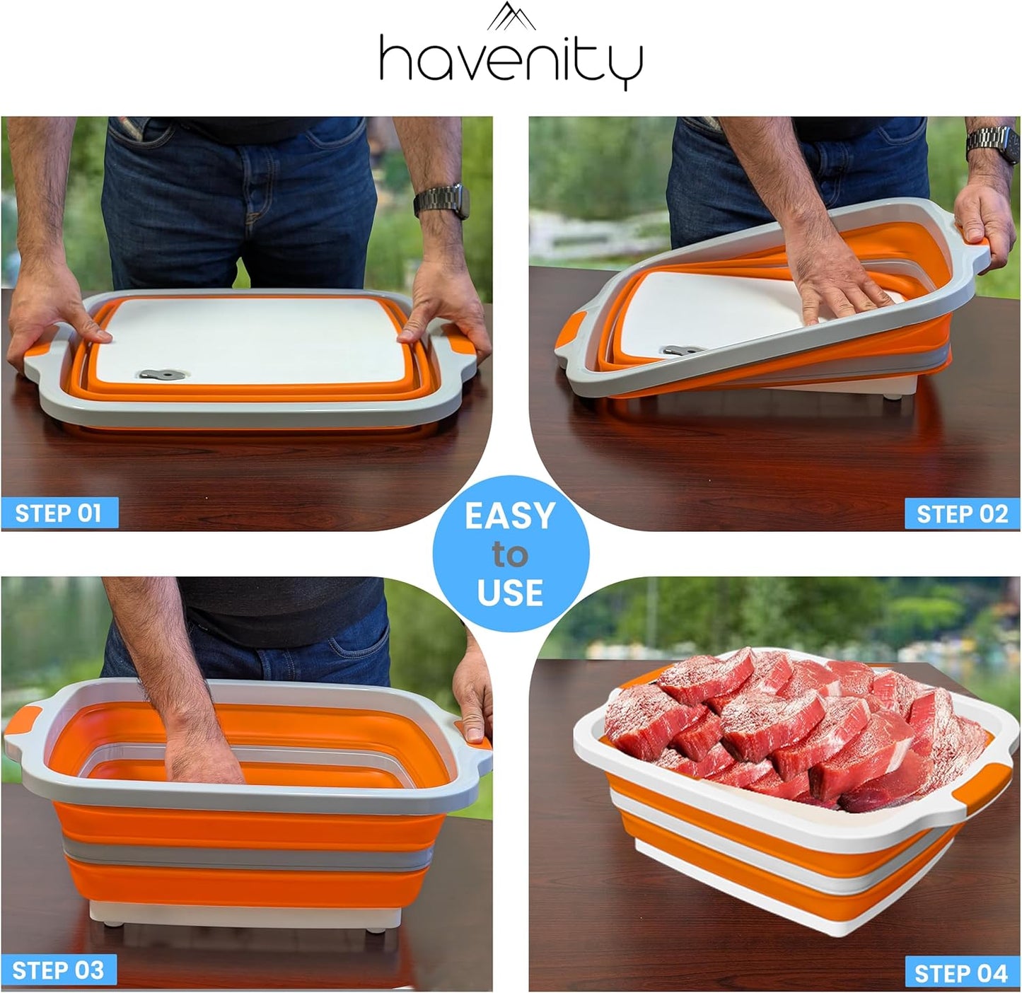 BBQ Prep Tub, 16L Multifunctional Camping Cutting Board with lid, Meat Prep Tub for Meal Prep Marinating Food, Marinating Container with Lid, Collapsible Food Storage Containers