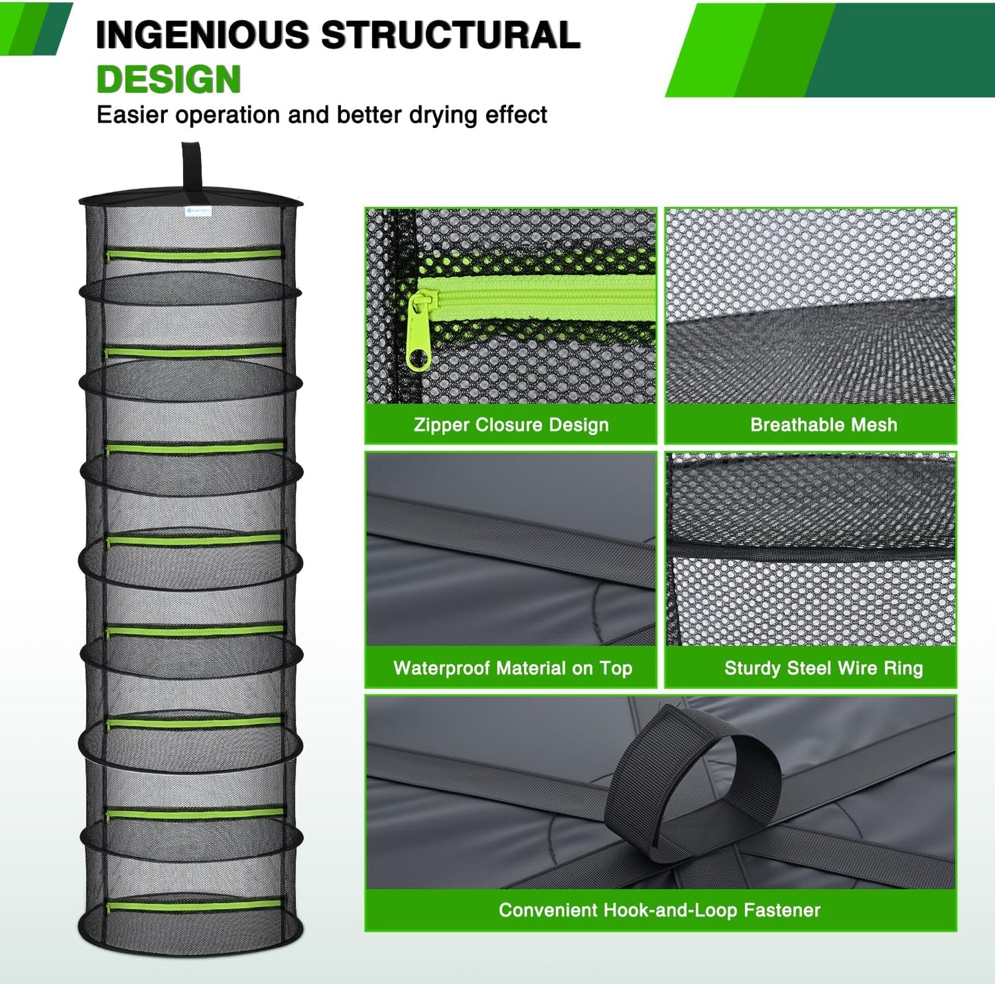 Yesker 8 Layer Herb Drying Rack Hanging Mesh Foldable Plant Drying Racks 24" w Green Zipper Pruning Shears Gloves Dryer Hanging Rack for Herbs Seed Bud Fruit Clothes Grow Tent Closets Garden Outdoor