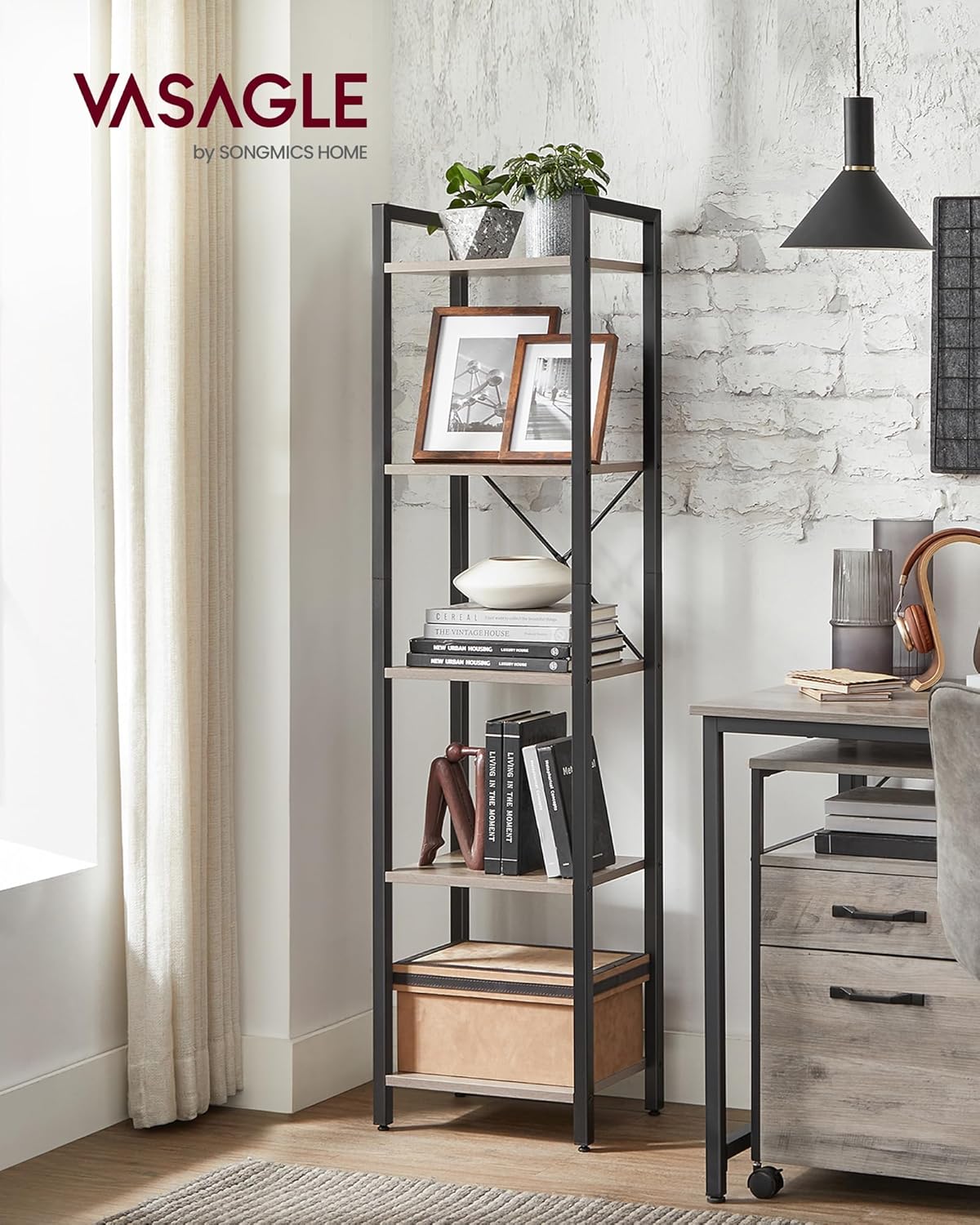 VASAGLE 5-Tier Bookshelf, Bookcase with Steel Frame, Book Shelf for Living Room, Home Office, Study, 11.8 x 15.7 x 60.2 Inches, Industrial Style, Heather Greige and Ink Black ULLS100B02