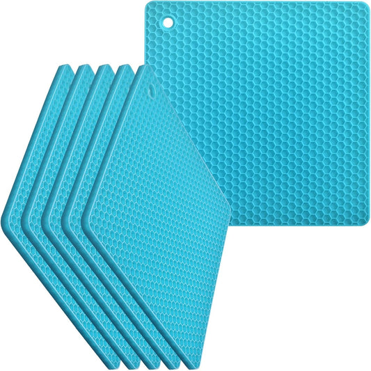 homEdge Silicone Square Trivets Mat, 6 Packs Multipurpose Non Slip Heat Resistant Pot Holder-Blue