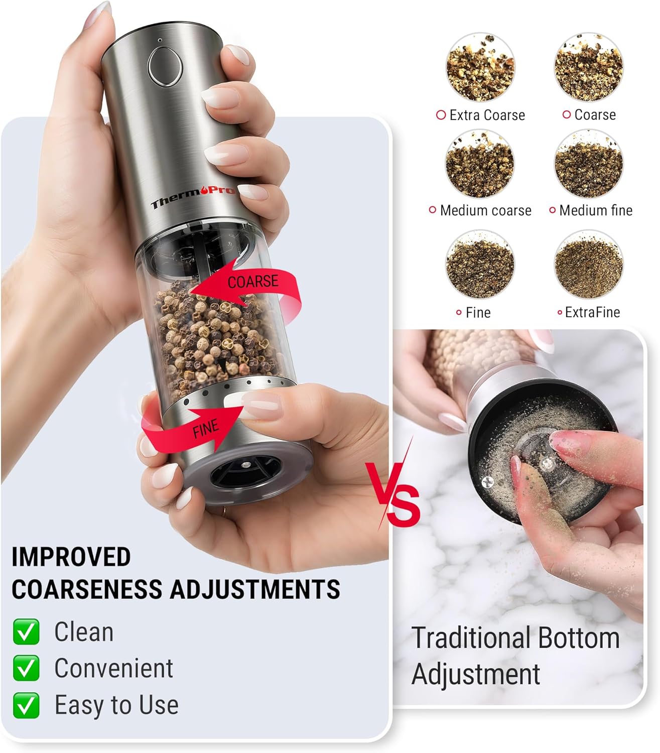 ThermoPro 110ml Electric Salt and Pepper Grinder Set Rechargeable, Automatic Pepper Grinder Shakers with External Adjustment, Refillable Pepper Mill Set with Dust Cover & LED, Stainless Steel 2-Pack