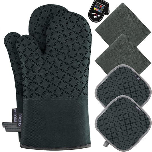 KEGOUU Oven Mitts and Pot Holders 6pcs Set, Kitchen Oven Glove High Heat Resistant 500 Degree Extra Long Oven Mitts and Potholder with Non-Slip Silicone Surface for Cooking (Deep Green)